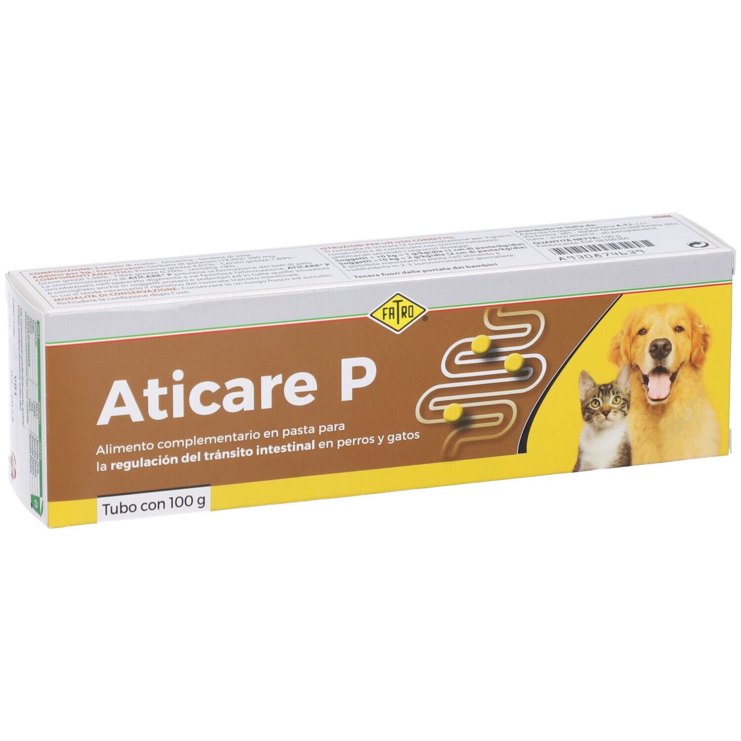 Scatola Aticare P. Testo: 'Tubo con 100 g'. Immagine cane e gatto. Scritto: 'Alimento complementario en pasta'.