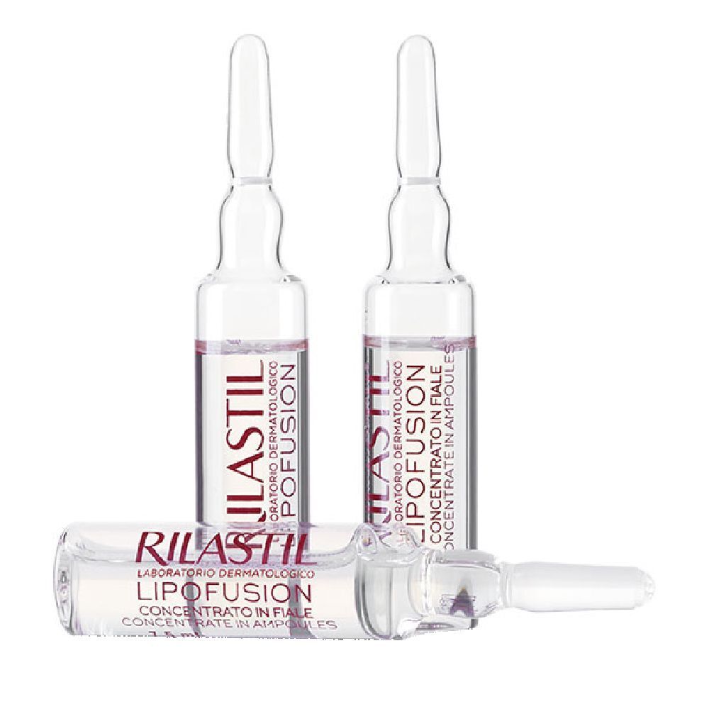 Tre fiale di vetro con liquido. Scritta: RILASTIL, LIPOFUSION. Laboratorio dermatologico.