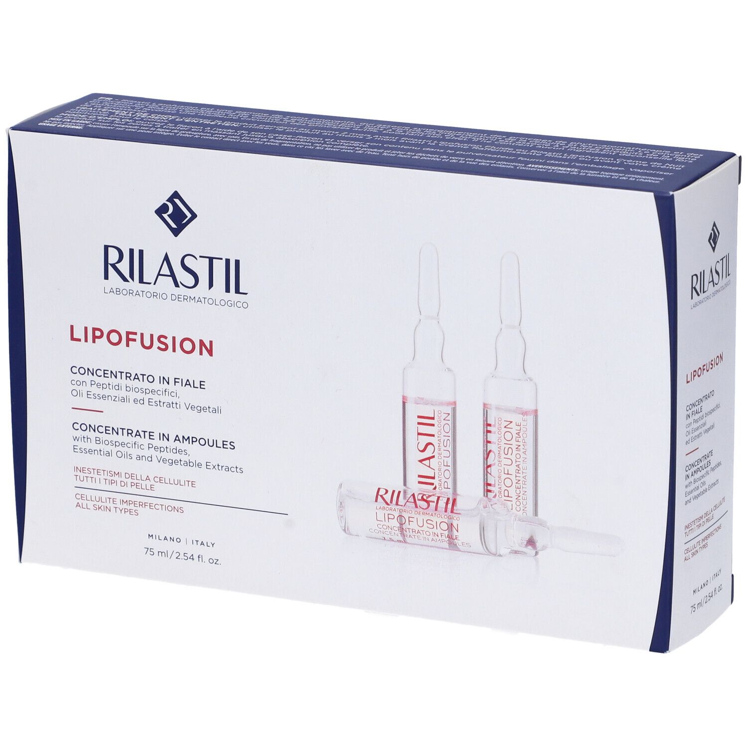 Confezione di RILASTIL Lipofusion. Contiene fiale. Testo: Concentrate in Ampoules, 75 ml. Con logo.