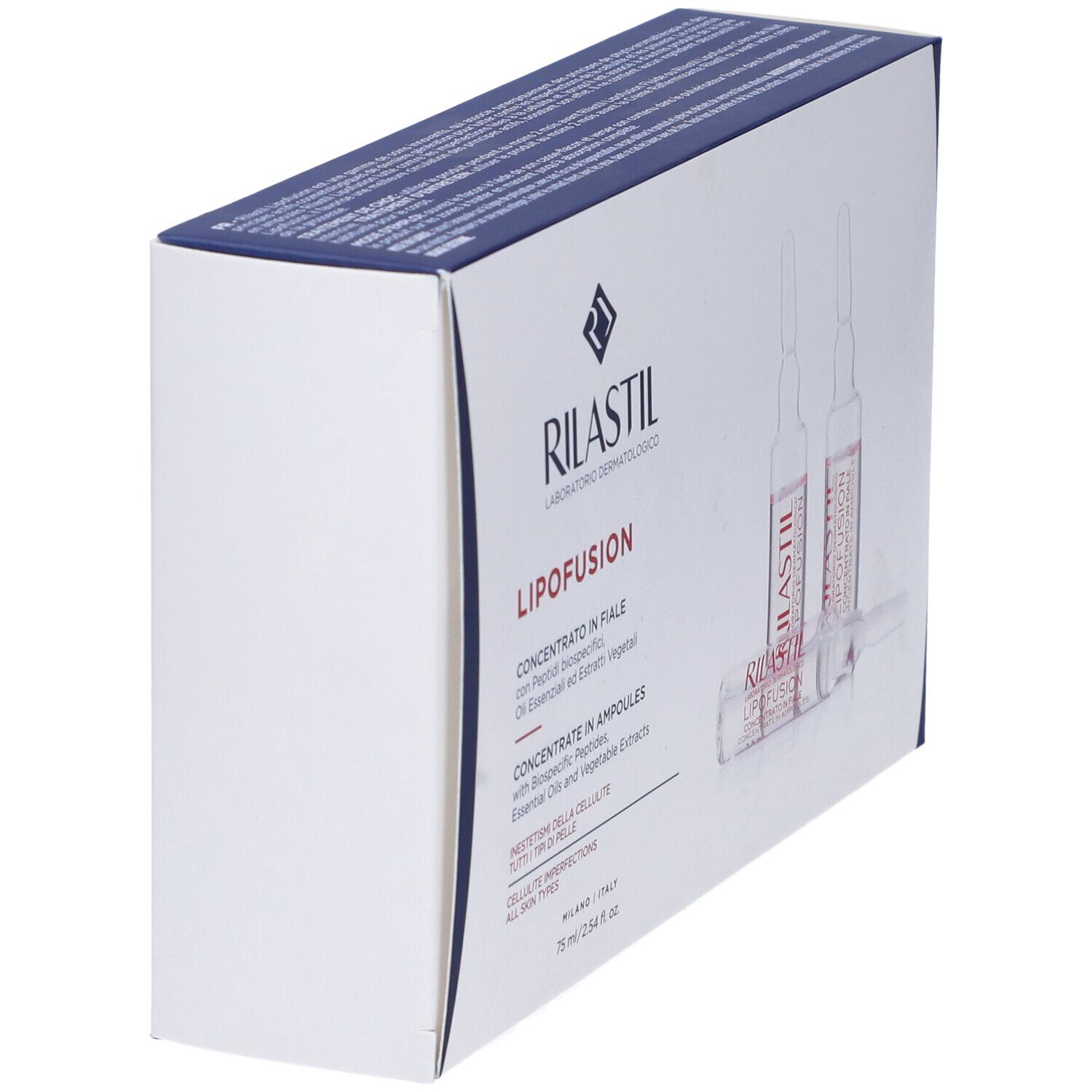 Scatola RILASTIL Lipofusion, in diagonale. Testo: Concentrate in Ampoules, 75 ml. Con logo e immagine fiale.