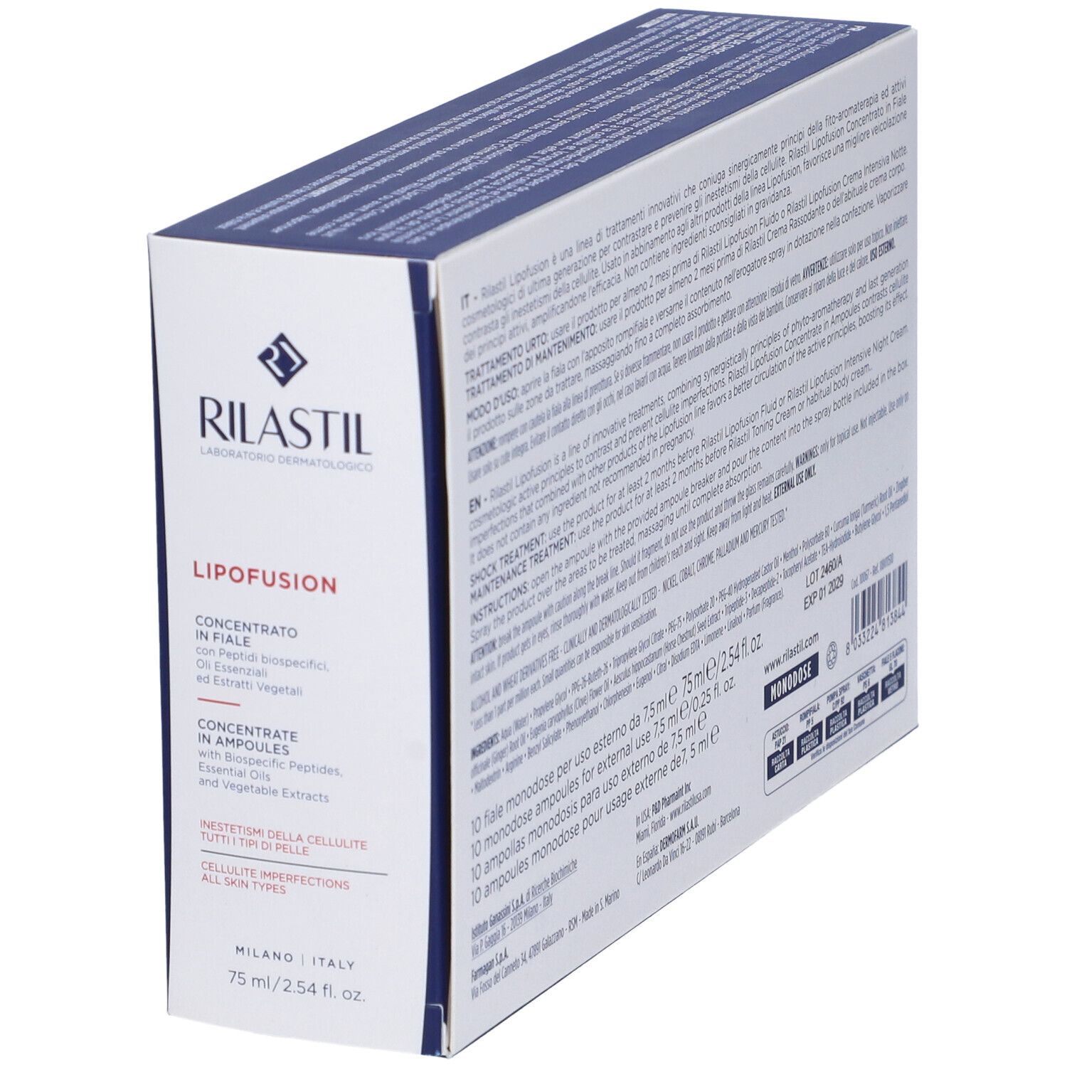 Scatola RILASTIL Lipofusion, in diagonale. Testo: Concentrate in Ampoules, 75 ml. Con logo e immagine fiale.
