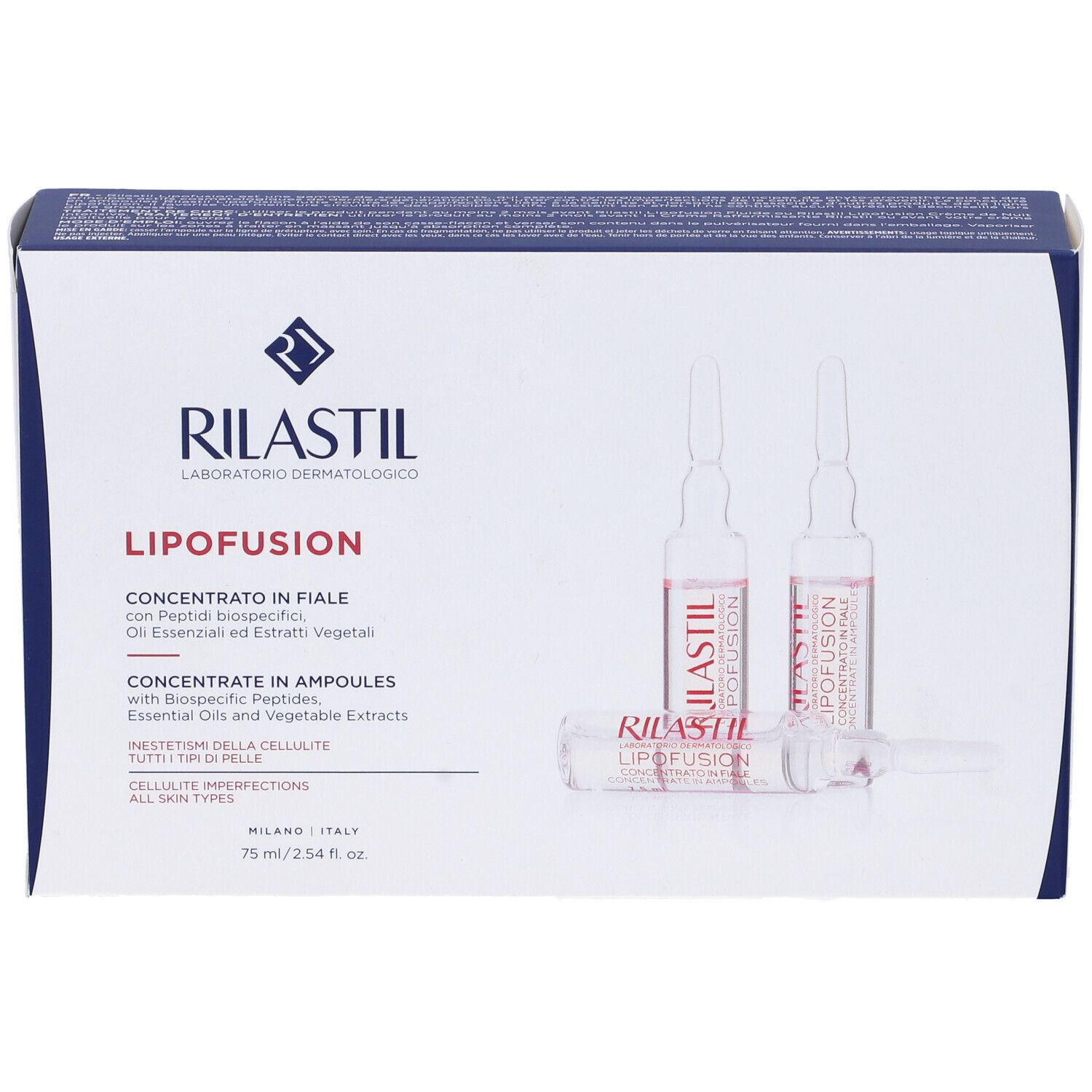Confezione di RILASTIL Lipofusion. Contiene fiale. Testo: Concentrate in Ampoules, 75 ml. Con logo.
