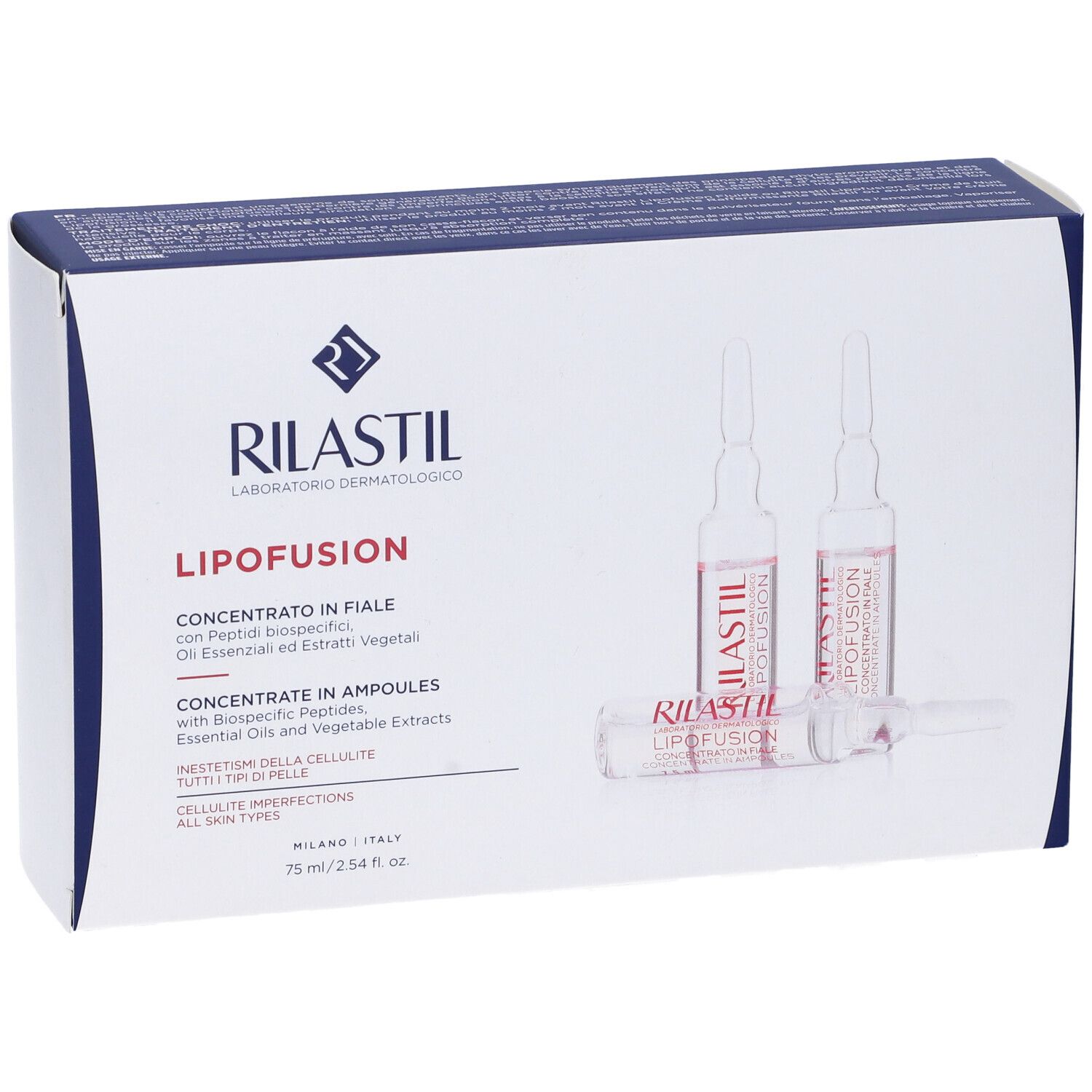 Confezione di RILASTIL Lipofusion. Contiene fiale. Testo: Concentrate in Ampoules, 75 ml. Con logo.