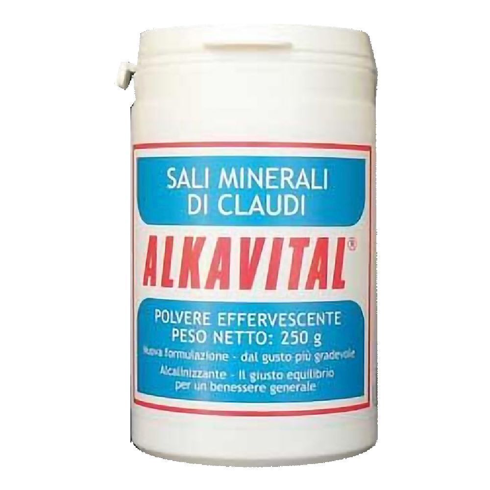 Barattolo bianco con etichetta blu e rossa. Scritta: SALI MINERALI DI CLAUDI, ALKAVITAL, 250 g.