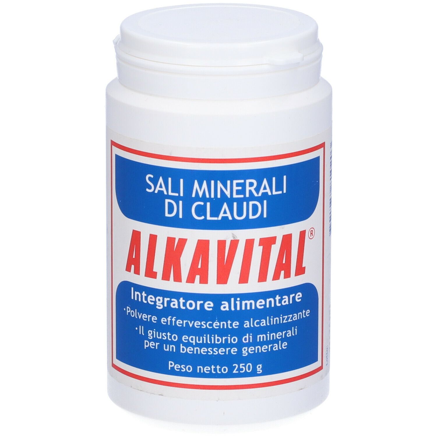 Barattolo bianco con etichetta blu e rossa. Scritta: SALI MINERALI DI CLAUDI, ALKAVITAL, 250 g.