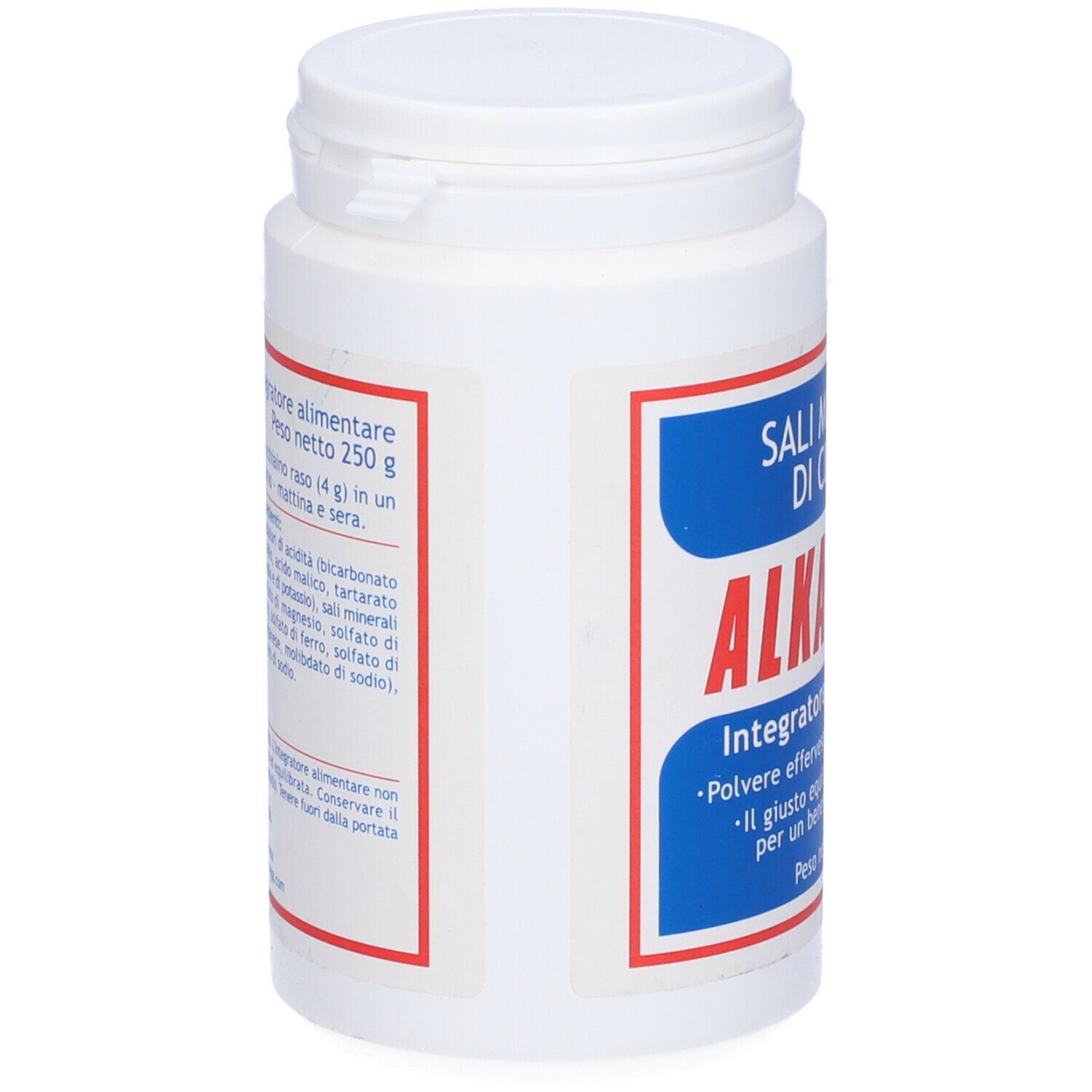 Barattolo bianco con etichetta blu e rossa. Scritta: ALKAVITAL, 250 g. Retro con testo e ingredienti.