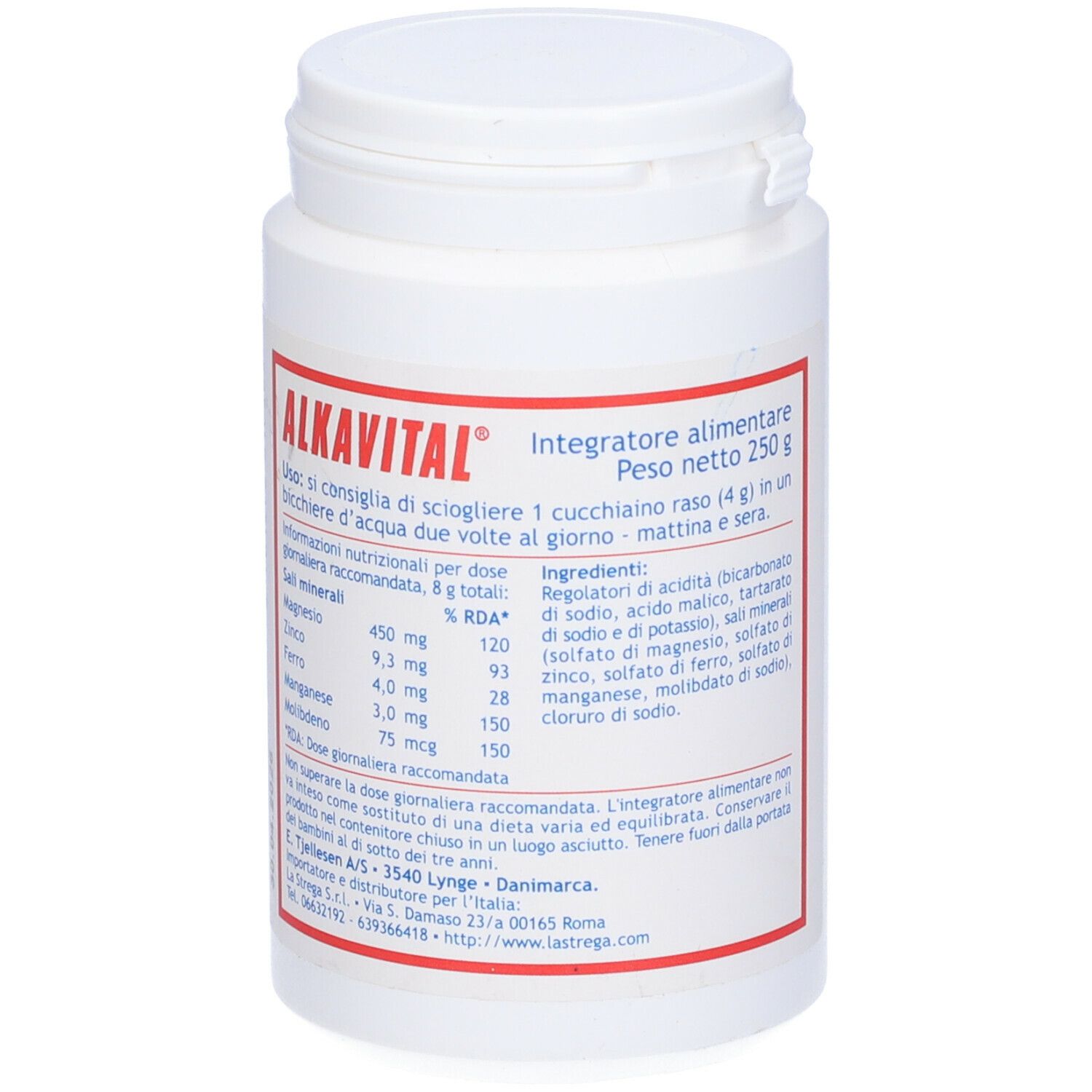 Barattolo bianco con etichetta blu e rossa. Scritta: ALKAVITAL, 250 g. Retro con informazioni nutrizionali.