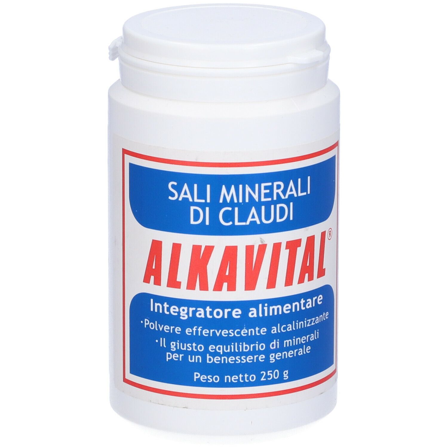 Barattolo bianco con etichetta blu e rossa. Scritta: SALI MINERALI DI CLAUDI, ALKAVITAL, 250 g.