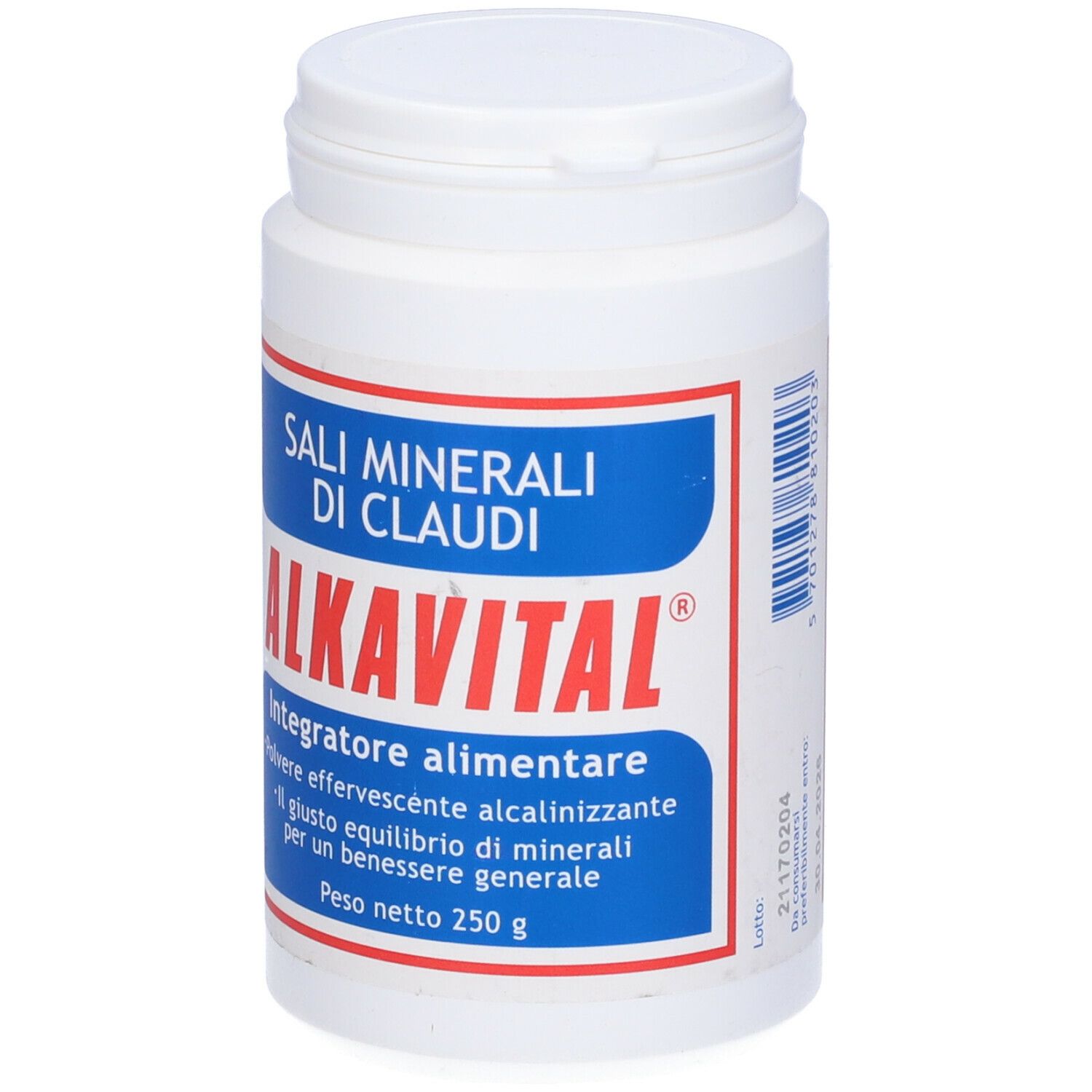 Barattolo bianco con etichetta blu e rossa. Scritta: SALI MINERALI DI CLAUDI, ALKAVITAL, 250 g.