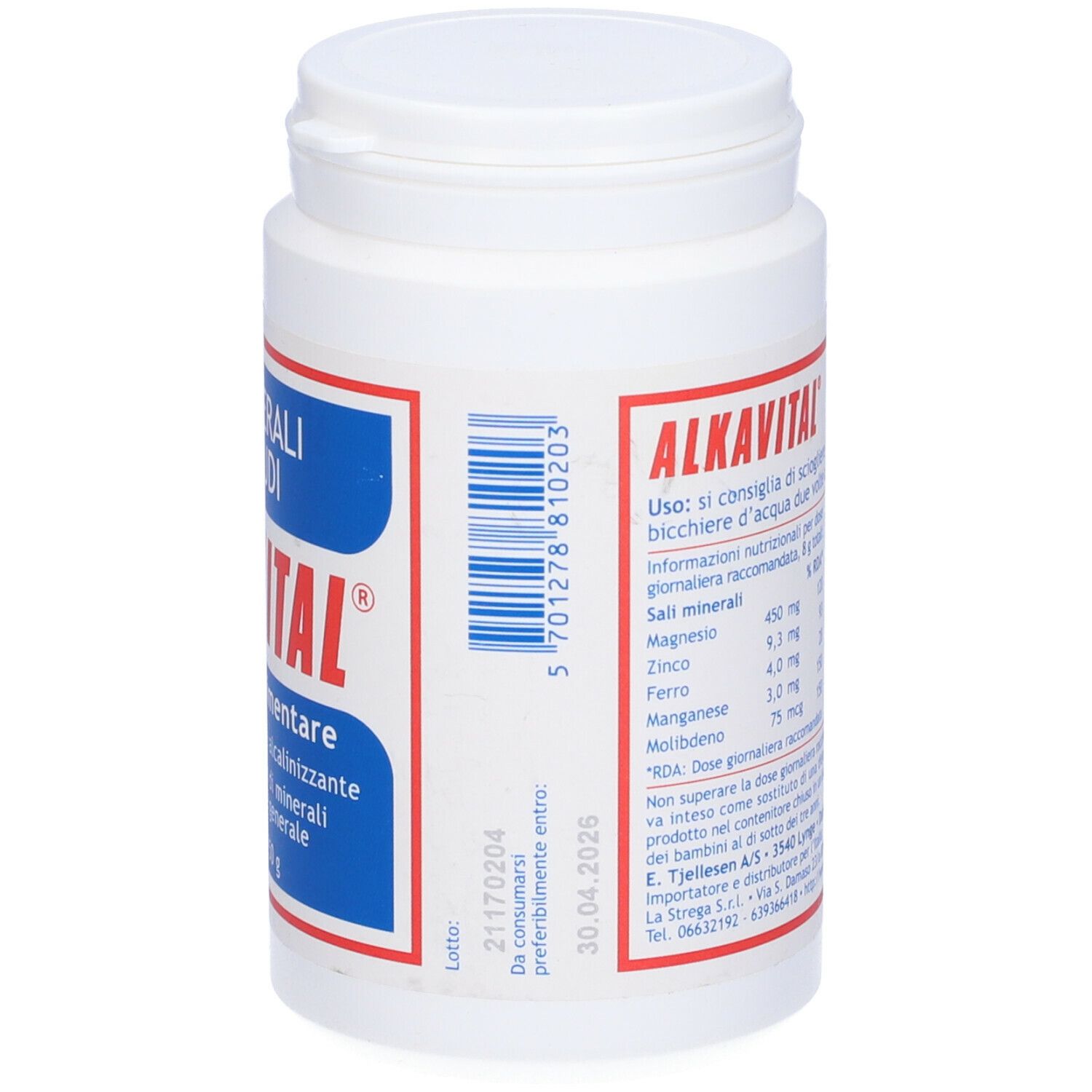 Barattolo bianco con etichetta blu e rossa. Scritta: ALKAVITAL, 250 g. Retro con testo e data di scadenza.