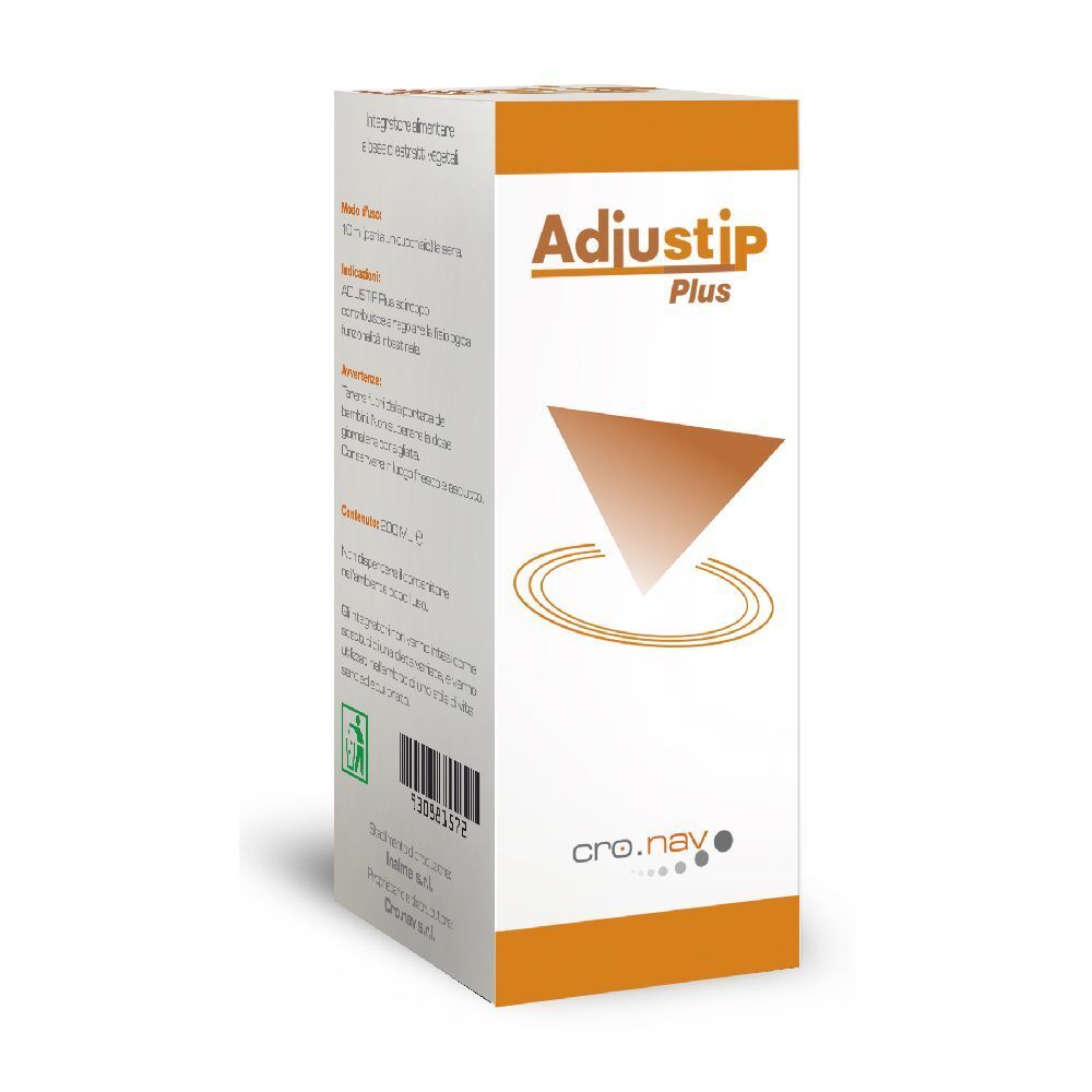 Confezione di Adiustip Plus. Scatola bianca e arancione con nome e logo del prodotto. Design triangolare marrone.