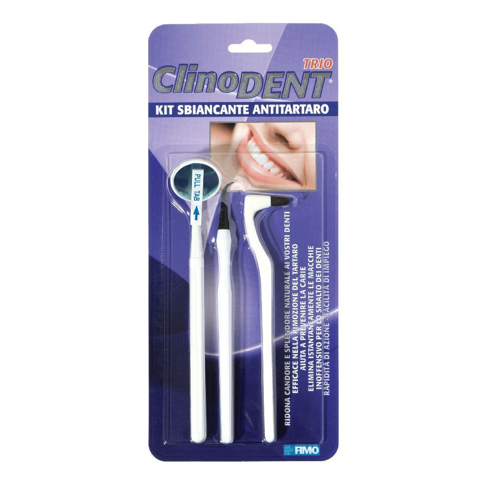 Zahnpflege-Set Clinodent Trio. Enthält Spiegel, Zahnsteinentferner und Winkelstück. Verpackung mit Produktnamen und Abbildung.