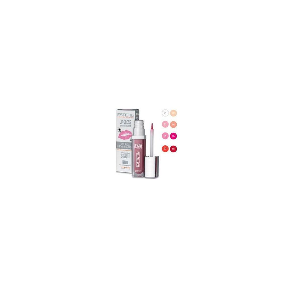 Lucidalabbra con confezione e selezione colori. Flacone e applicatore visibili.
