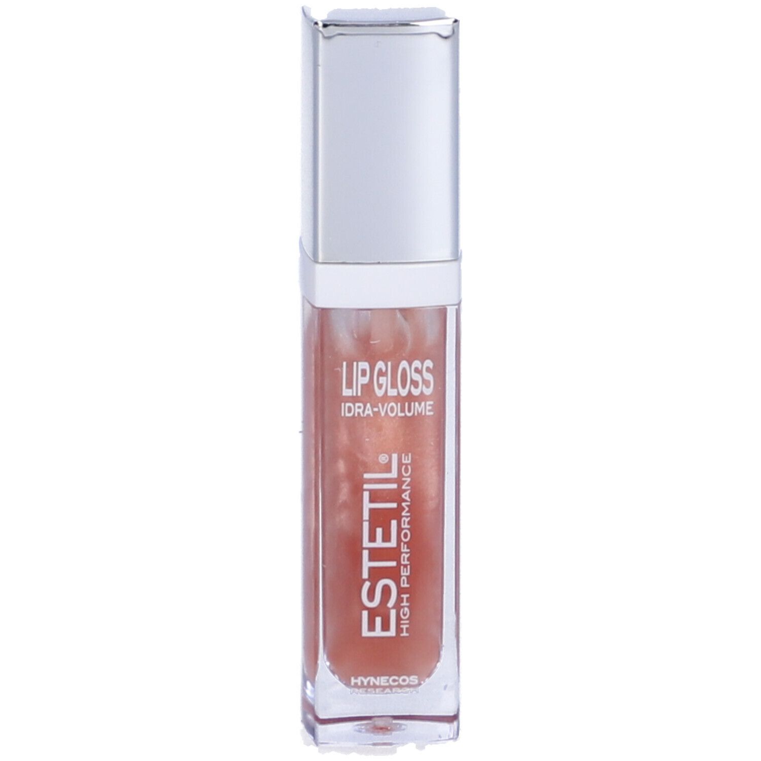 Tubo di lucidalabbra con tappo argentato. Scritta: LIP GLOSS IDRA-VOLUME. Marca: ESTETIL. Colore: Beige naturale.