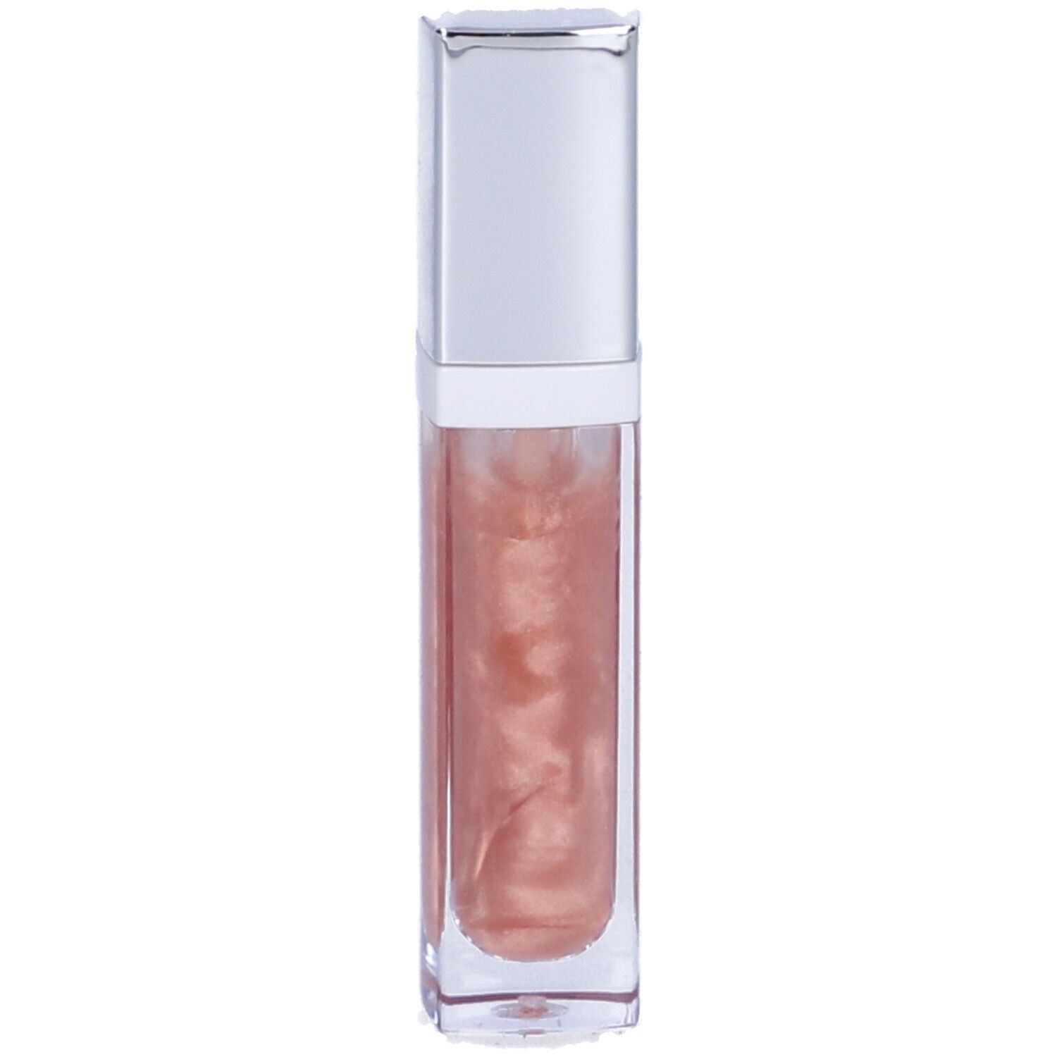 Tubo di lucidalabbra con tappo argentato. Contenuto visibile, brillante, beige rosato. Marca: ESTETIL.