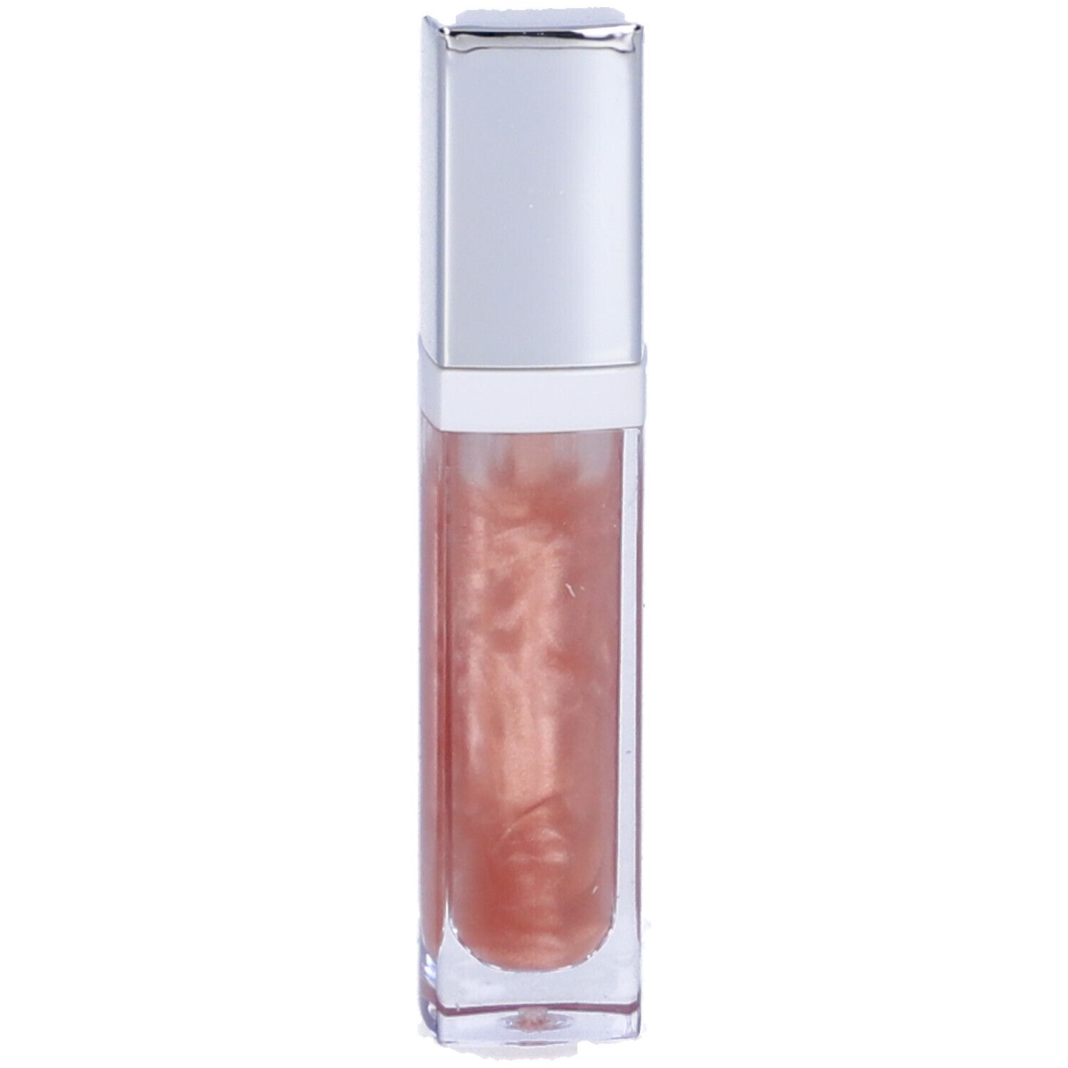 Tubo di lucidalabbra con tappo argentato. Contenuto visibile, brillante, beige rosato. Marca: ESTETIL.