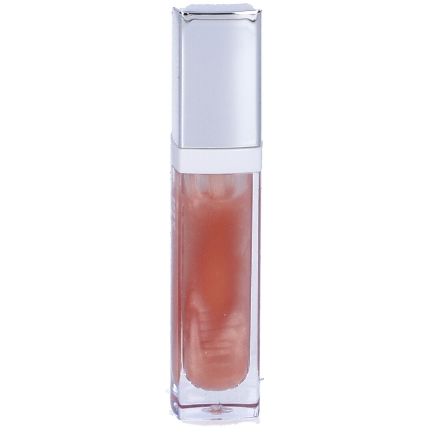 Tubo di lucidalabbra con tappo argentato. Contenuto visibile, brillante, beige rosato. Marca: ESTETIL.