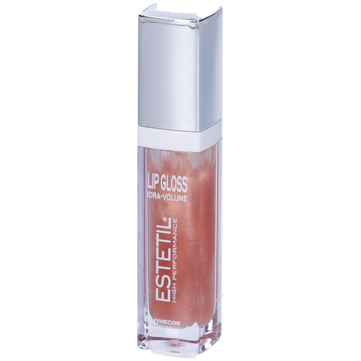 Tubo di lucidalabbra con tappo argentato. Scritta: LIP GLOSS IDRA-VOLUME. Marca: ESTETIL. Contenuto visibile.