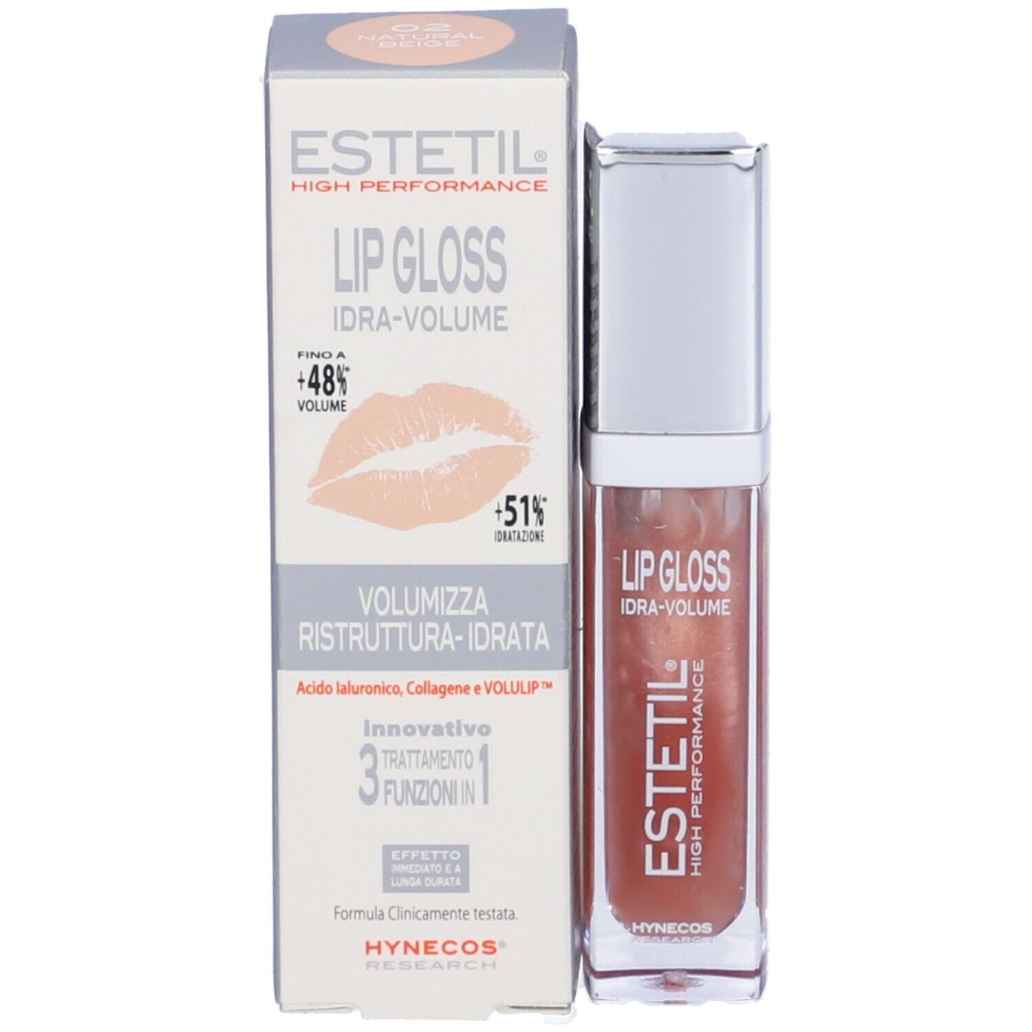 Tubo di lucidalabbra e confezione. Confezione con immagine del prodotto e testo. Marca: ESTETIL. Scritta: LIP GLOSS IDRA-VOLUME.