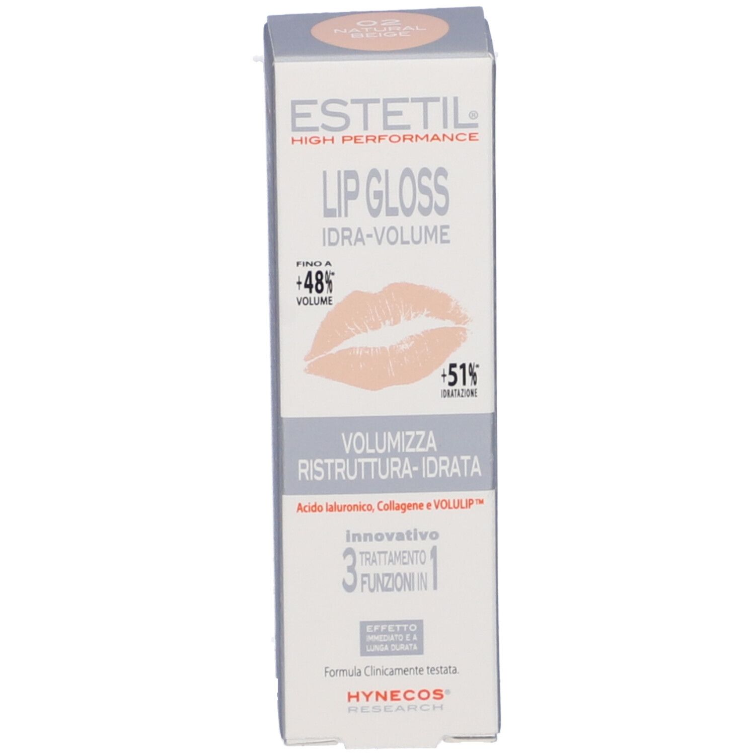 Confezione del prodotto. Marca: ESTETIL. Scritta: LIP GLOSS IDRA-VOLUME. Testo e immagine del prodotto.