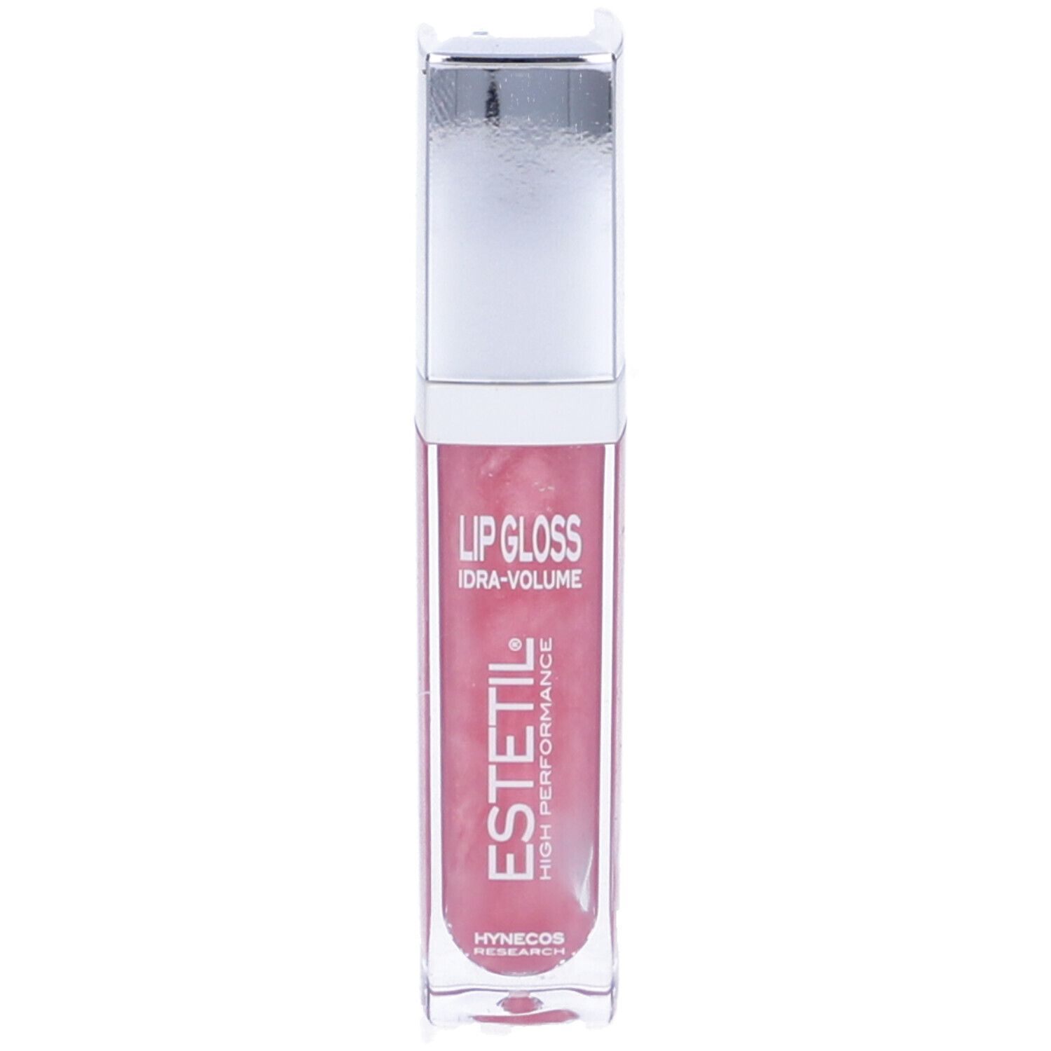 Lucidalabbra rosa con tappo argentato. Scritta: Lip Gloss, Idra-Volume, Estetil High Performance.