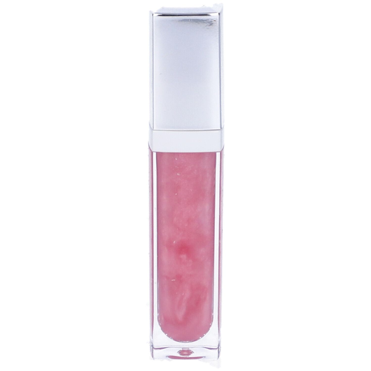 Lucidalabbra rosa in flacone rettangolare trasparente con tappo argentato. Contenuto visibile.