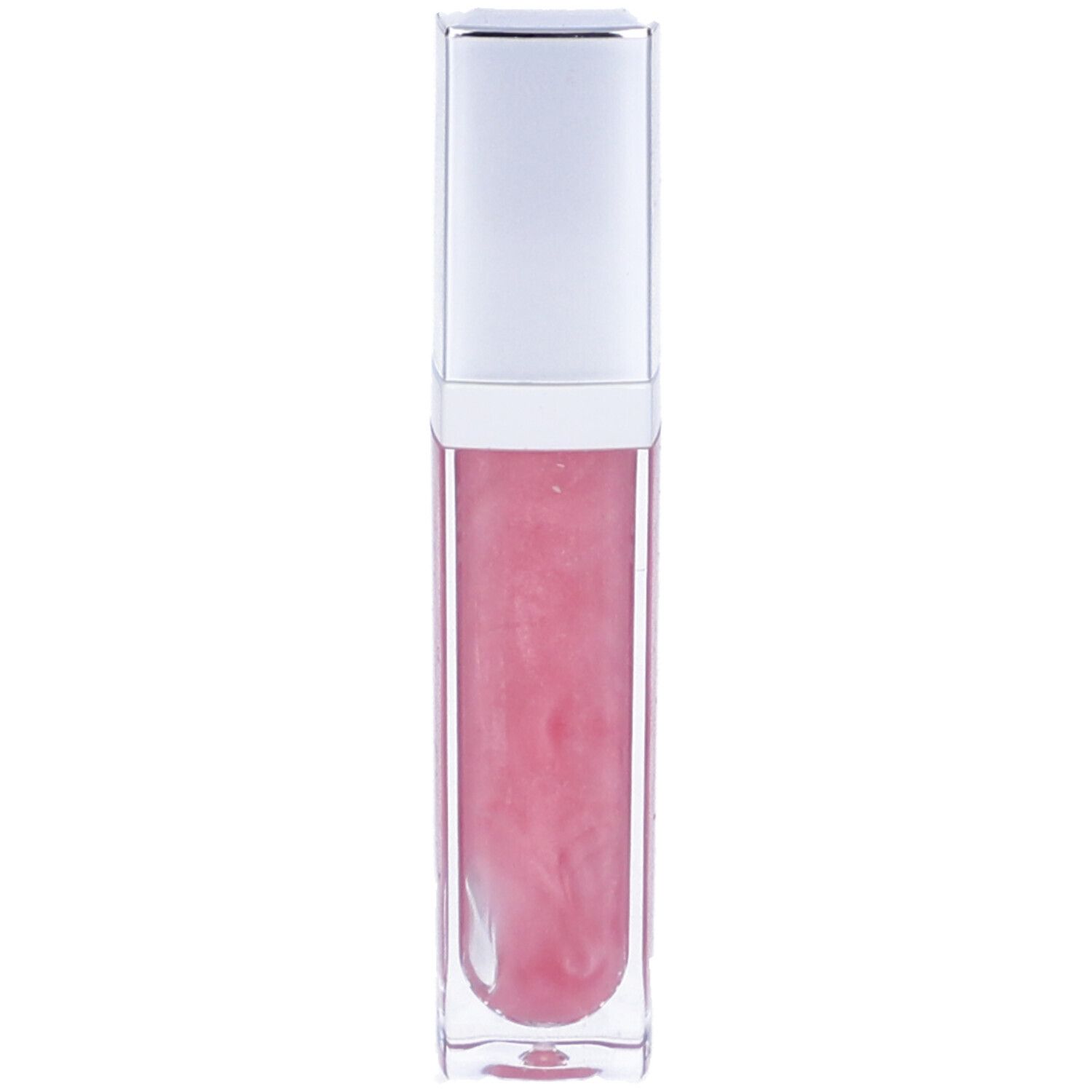 Lucidalabbra rosa in flacone rettangolare trasparente con tappo argentato. Contenuto visibile.