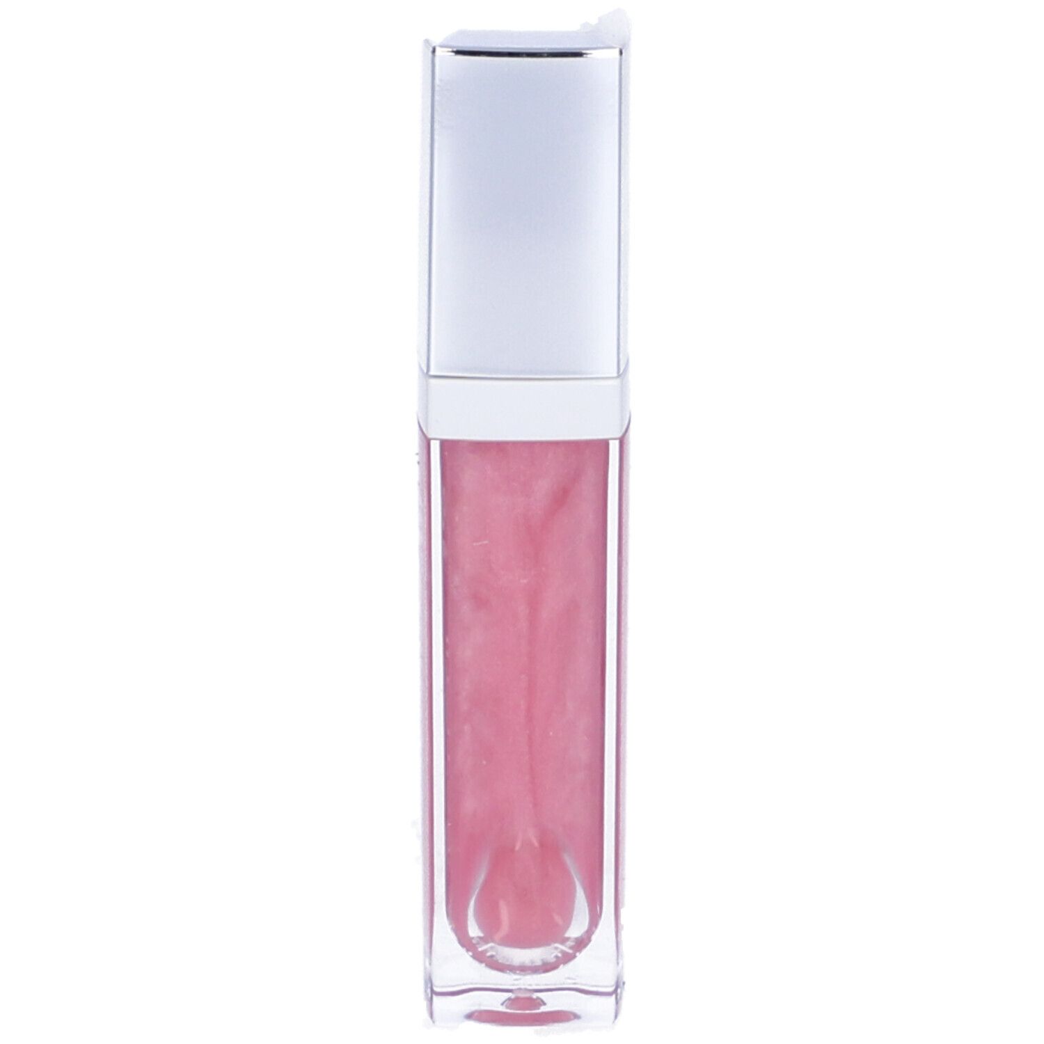 Lucidalabbra rosa in flacone rettangolare trasparente con tappo argentato. Contenuto visibile.