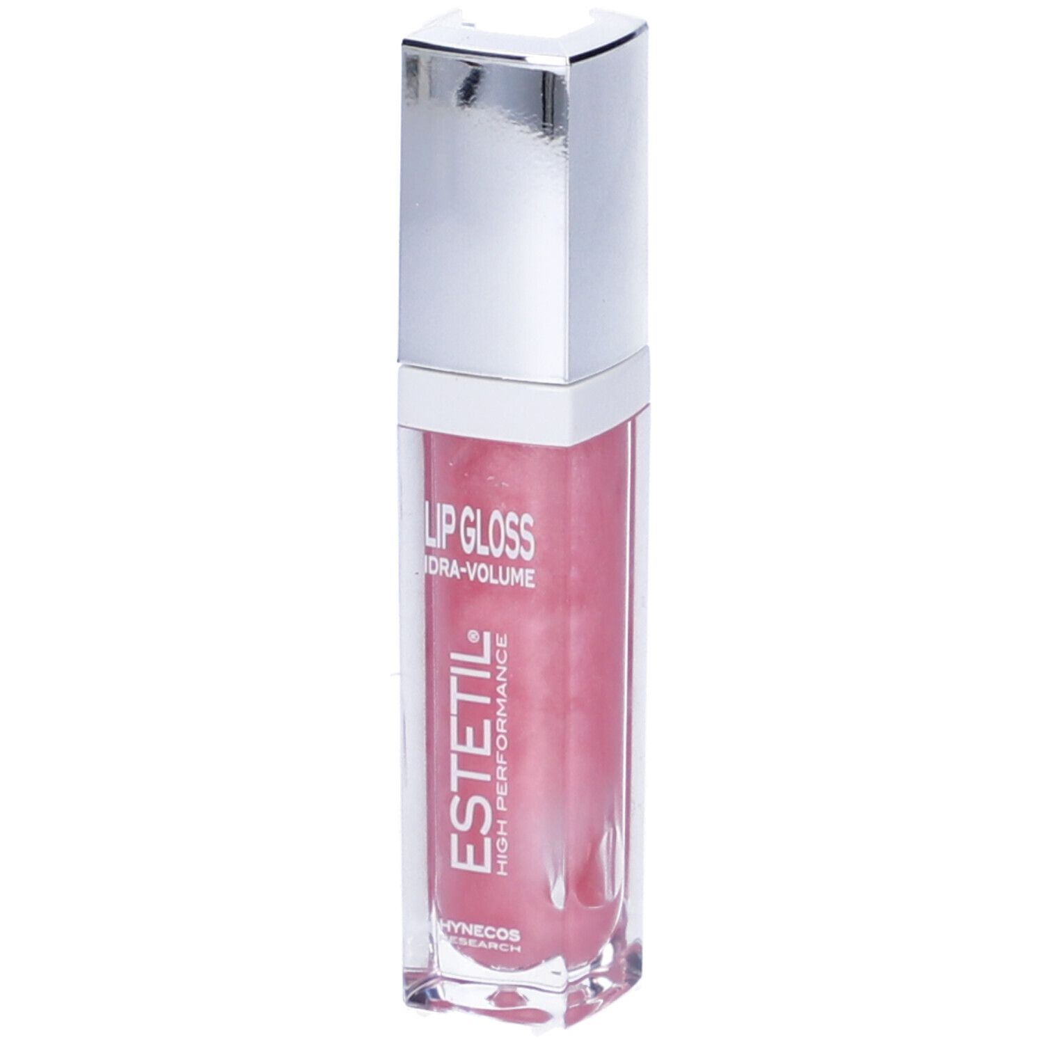 Lucidalabbra rosa in flacone trasparente rettangolare con tappo argentato. Scritta: Estetil, Lip Gloss, Idra-Volume.