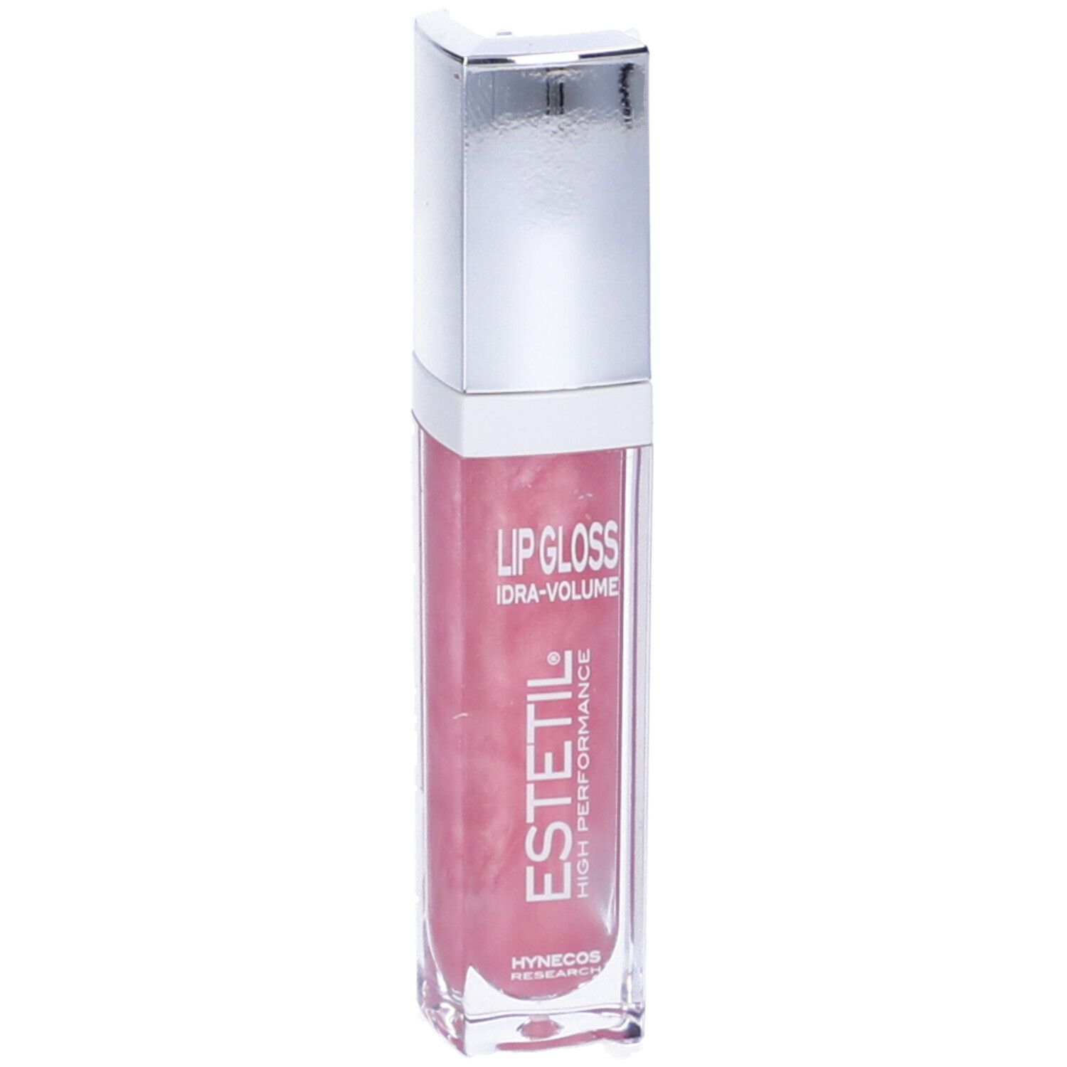 Lucidalabbra rosa in flacone trasparente rettangolare con tappo argentato. Scritta: Estetil, Lip Gloss, Idra-Volume.