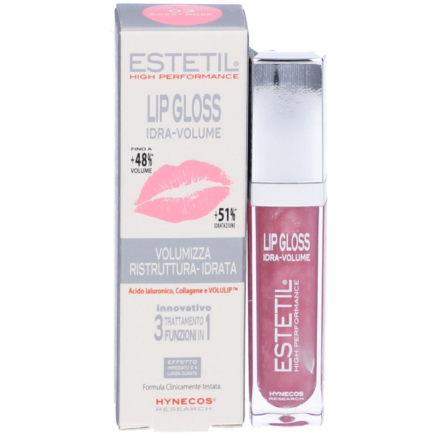 Lucidalabbra con confezione. Lucidalabbra rosa in flacone rettangolare. Confezione con scritta: Lip Gloss, Idra-Volume.