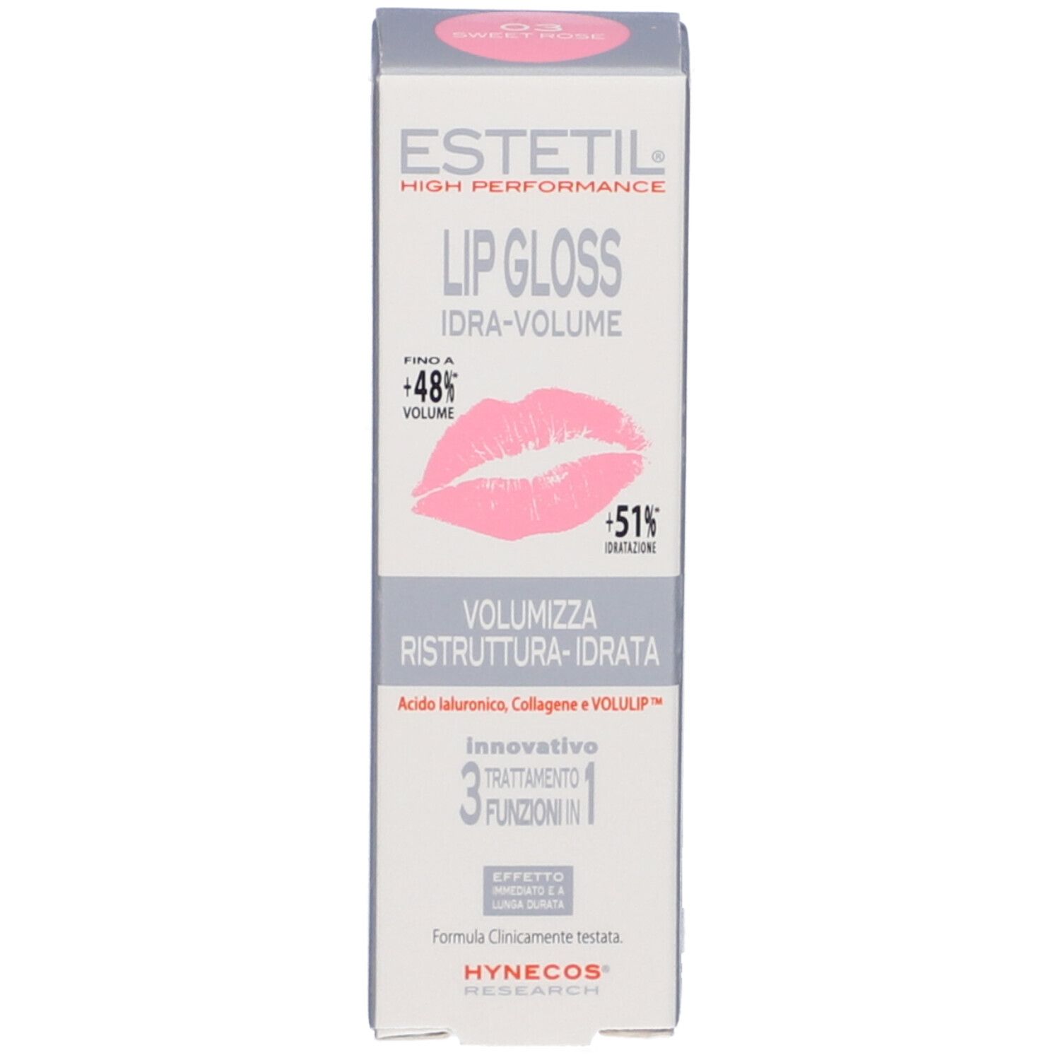 Confezione con illustrazione di labbra rosa. Scritta: Lip Gloss, Idra-Volume, Estetil. Contiene informazioni sul prodotto.