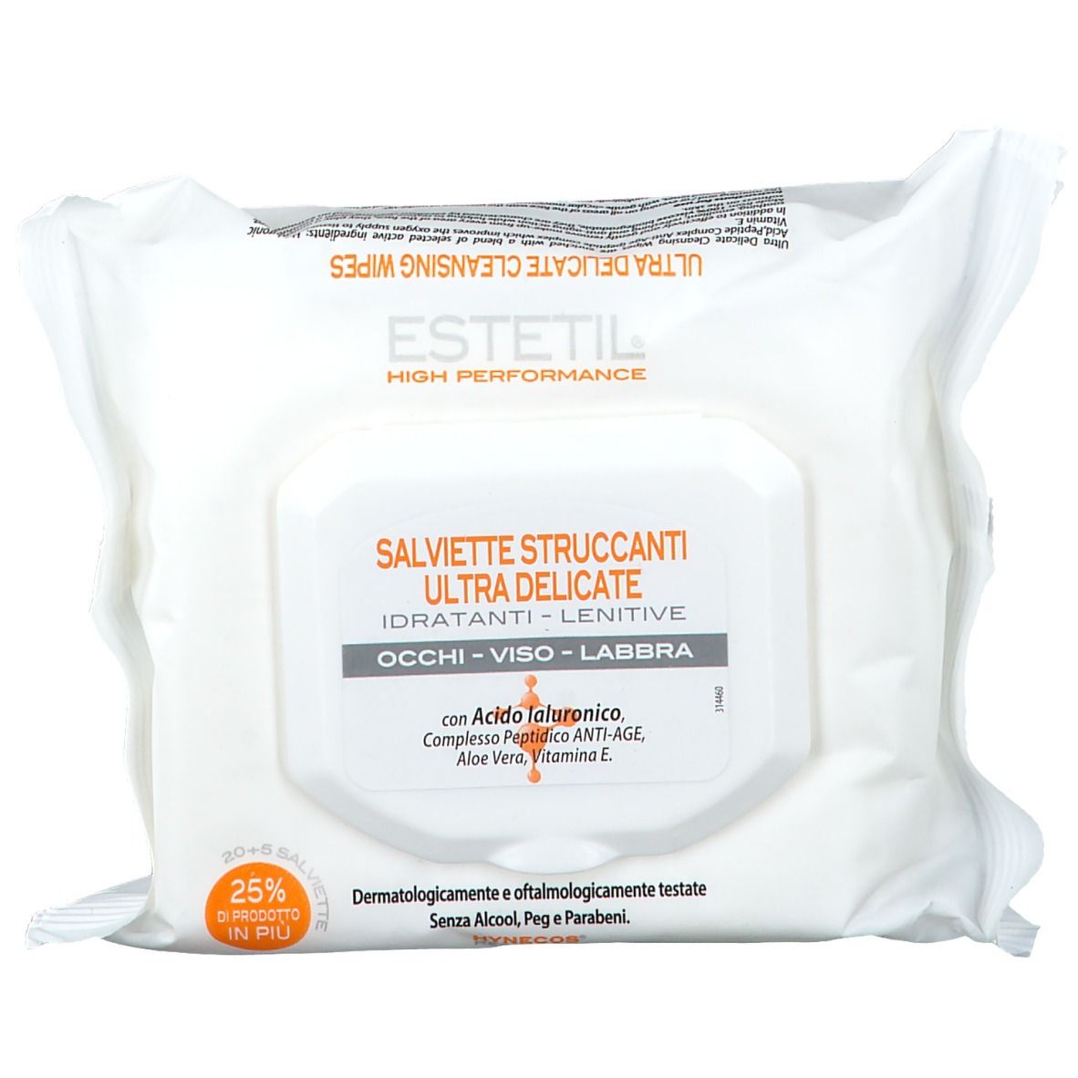 Confezione bianca di salviette struccanti ESTETIL Ultra. Stampa arancione con informazioni sul prodotto. Testo: occhi, viso, labbra.