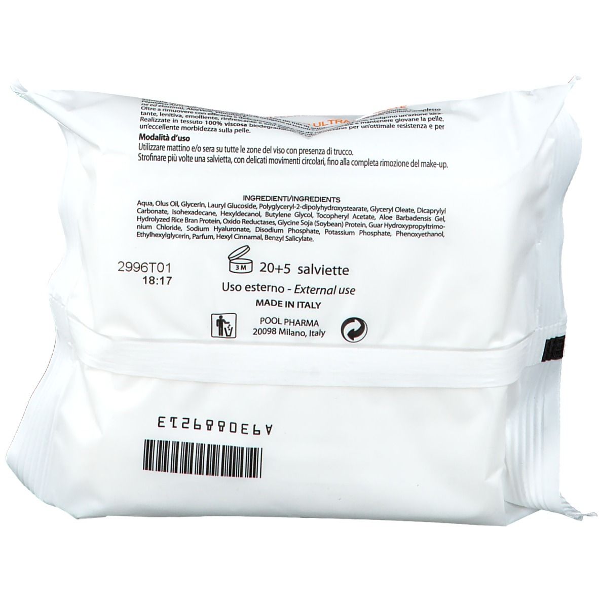 Retro della confezione bianca di salviette ESTETIL Ultra. Testo e ingredienti. 20+5 salviette. Prodotto in Italia.