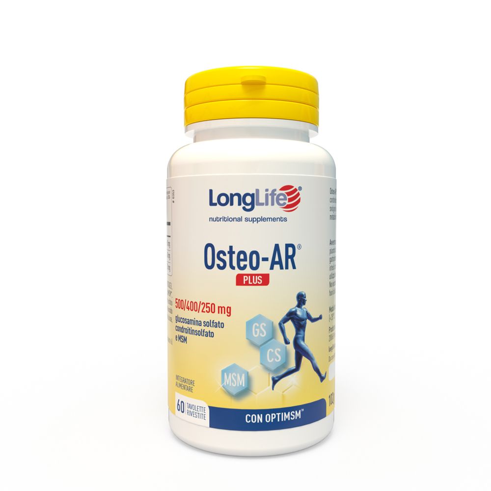 Flacone bianco di compresse con tappo giallo. Scritta: LongLife Osteo-AR Plus. Contiene 60 compresse.