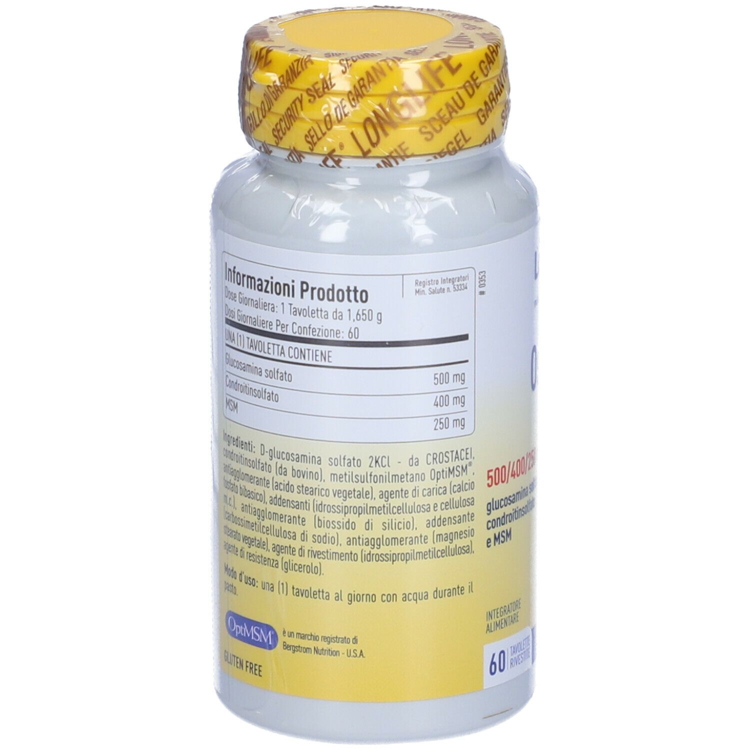 Retro del flacone di compresse. Tappo giallo con sigillo. Contiene informazioni su ingredienti e dosaggio.