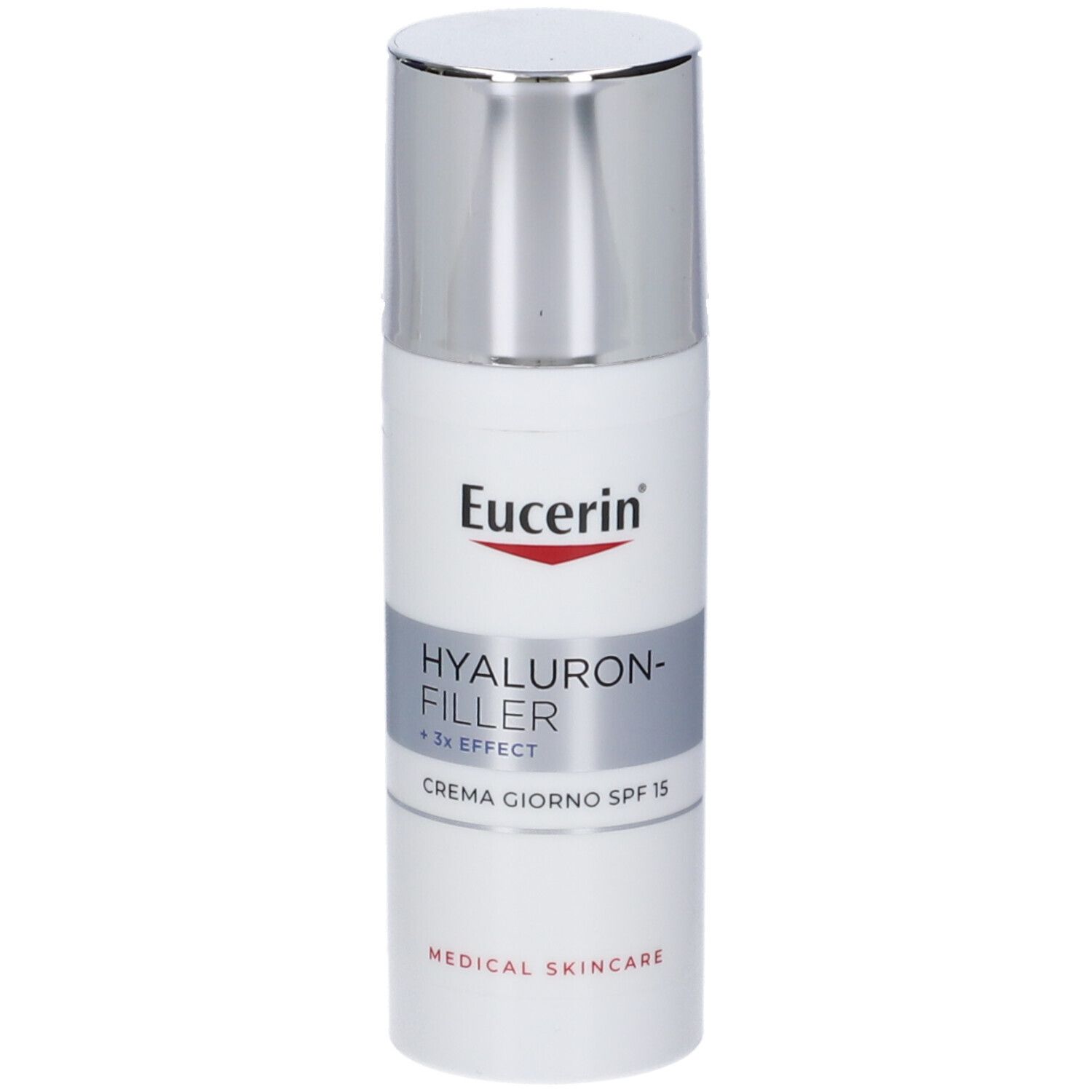 Logo Eucerin. Text: Hyaluron-Filler, Giorno SPF 15 Pelli Normali e Miste.
