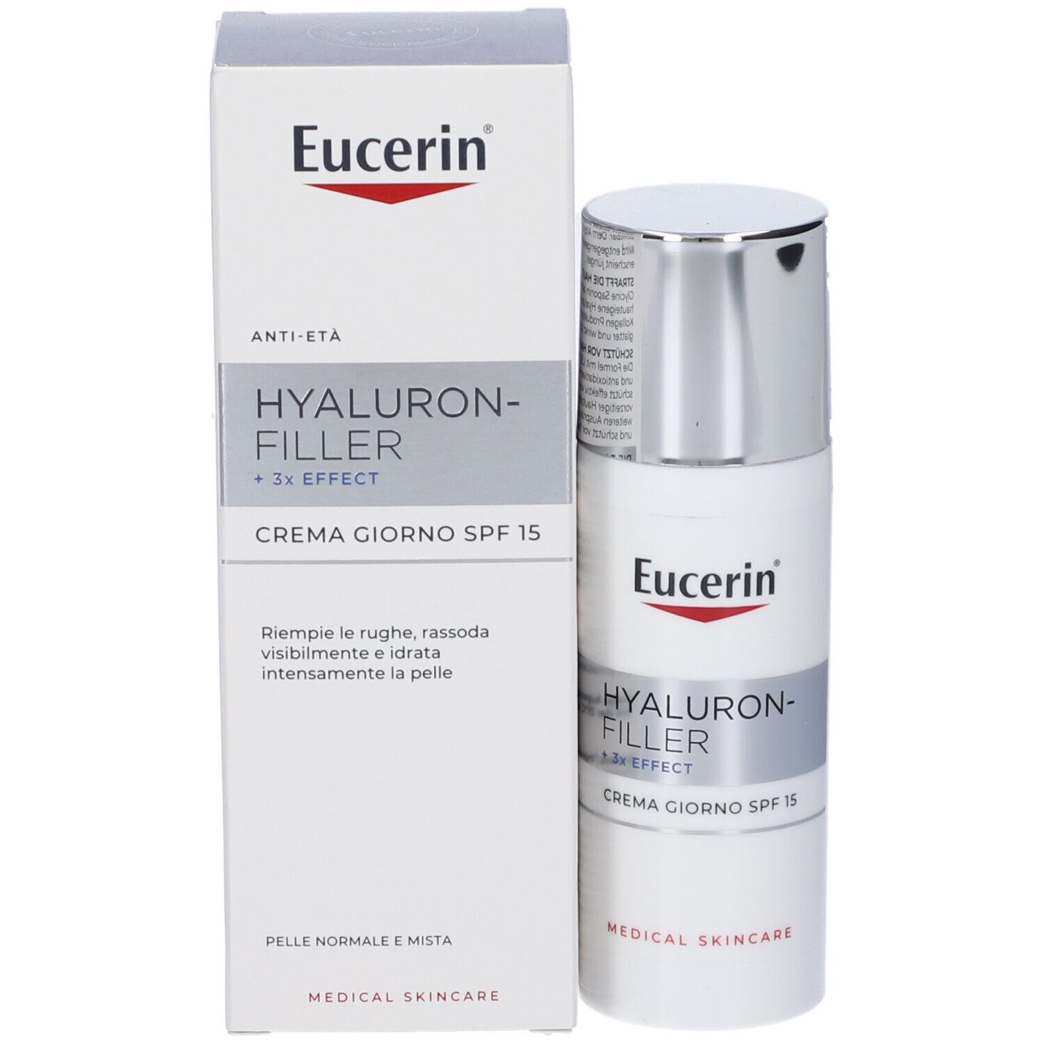 Produkt mit Text: Eucerin, Hyaluron-Filler +3x Effect, Crema giorno SPF 15.