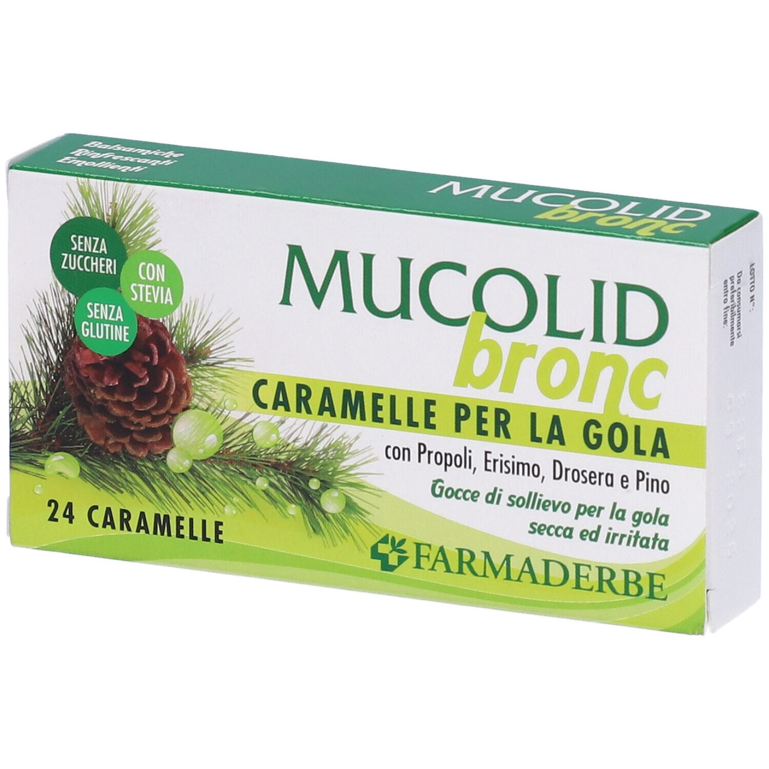 Mucolid Bronc Bonbons für den Hals, 24 Stück. Zucker- und glutenfrei, mit Stevia gesüßt.