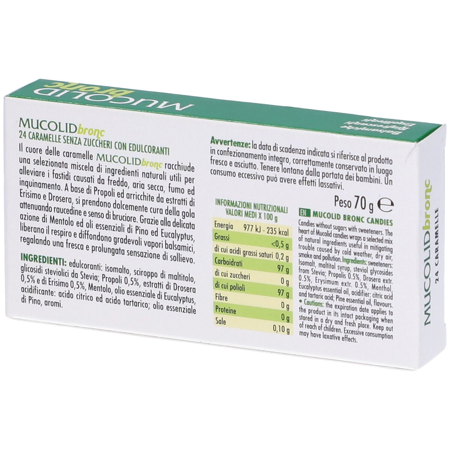 Mucolid Bronc Bonbons für den Hals, 24 Stück. Zucker- und glutenfrei, mit Stevia gesüßt.