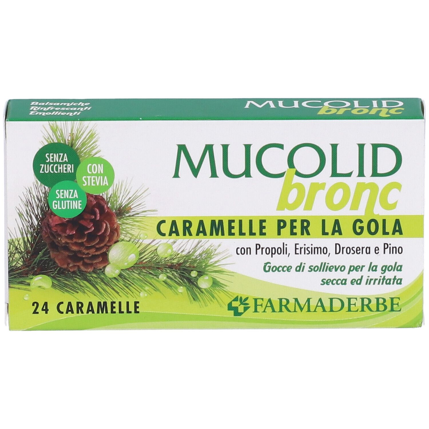 Mucolid Bronc Bonbons für den Hals, 24 Stück. Zucker- und glutenfrei, mit Stevia gesüßt.