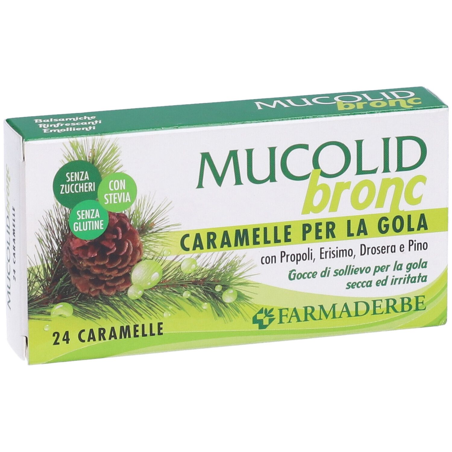 Mucolid Bronc Bonbons für den Hals, 24 Stück. Zucker- und glutenfrei, mit Stevia gesüßt.