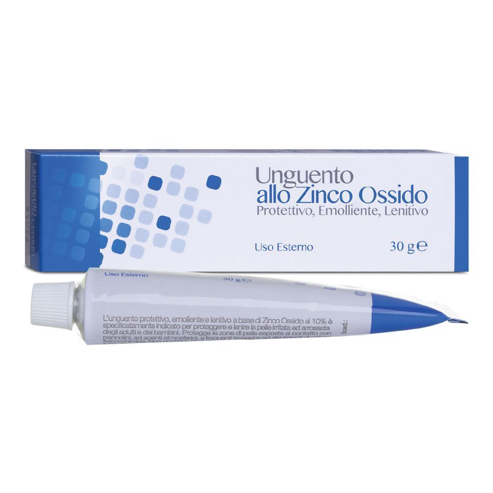Tubo e scatola con la scritta "Unguento allo Zinco Ossido". Tubo con tappo bianco, testo blu.