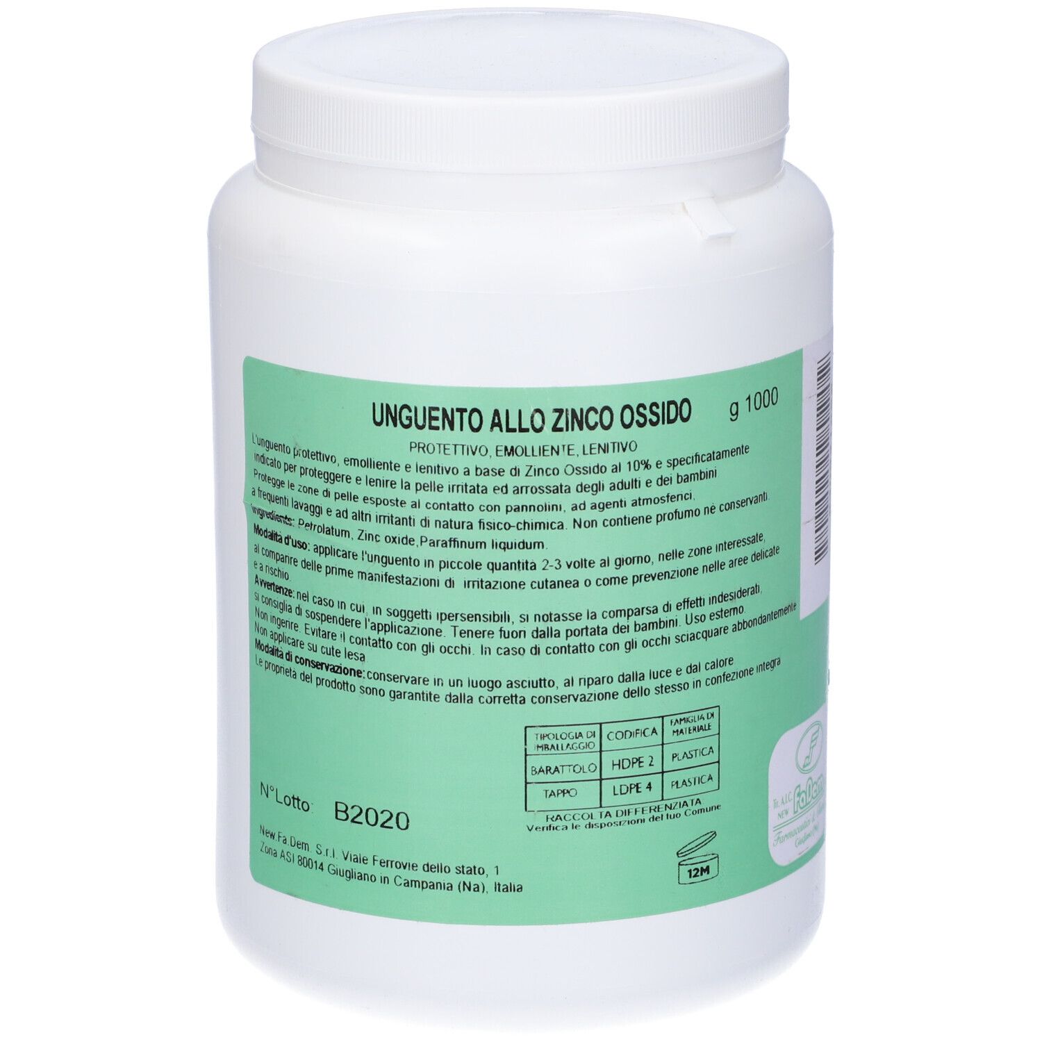 Contenitore cilindrico bianco con etichetta verde. Scritta "Unguento allo Zinco Ossido". 1000 g.