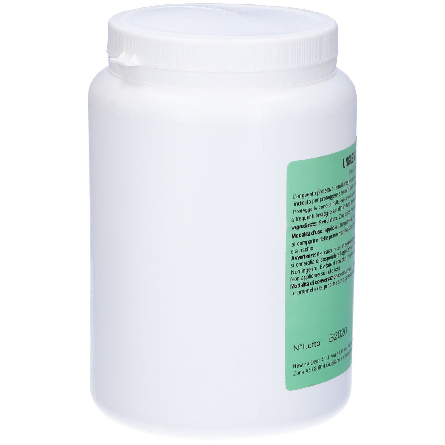 Contenitore cilindrico bianco con coperchio bianco. Etichetta verde con testo. Scritta "Unguento allo Zinco Ossido".