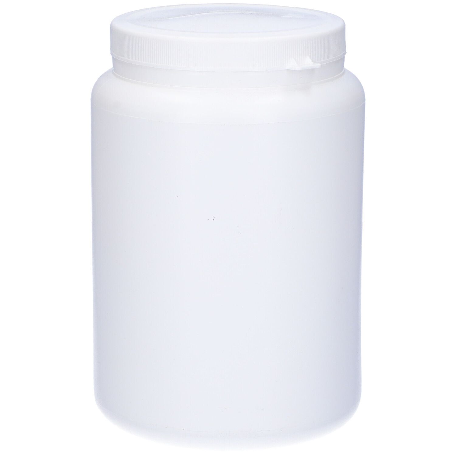 Contenitore cilindrico bianco con coperchio bianco. Nessuna scritta visibile.