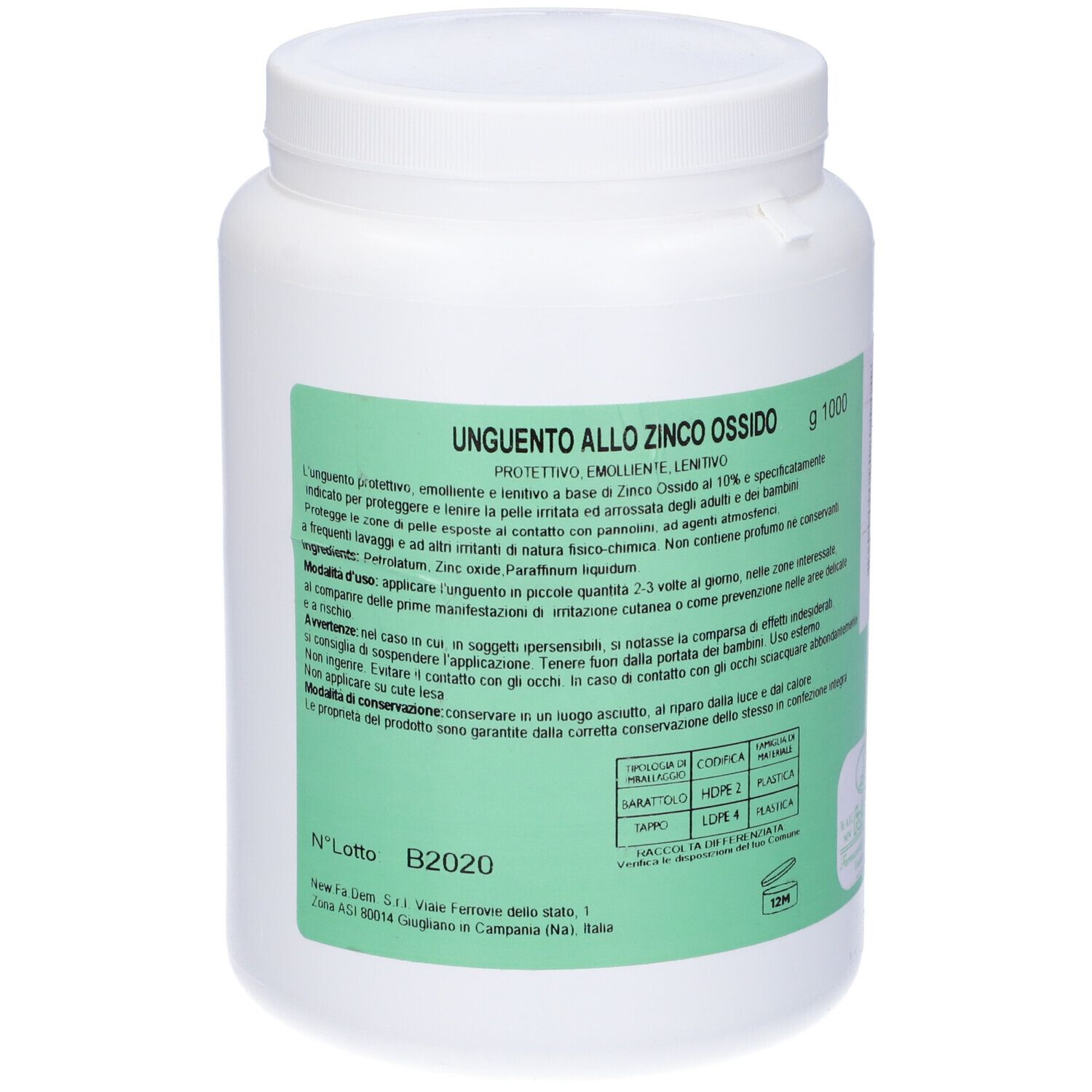 Contenitore cilindrico bianco con etichetta verde. Scritta "Unguento allo Zinco Ossido". 1000 g.