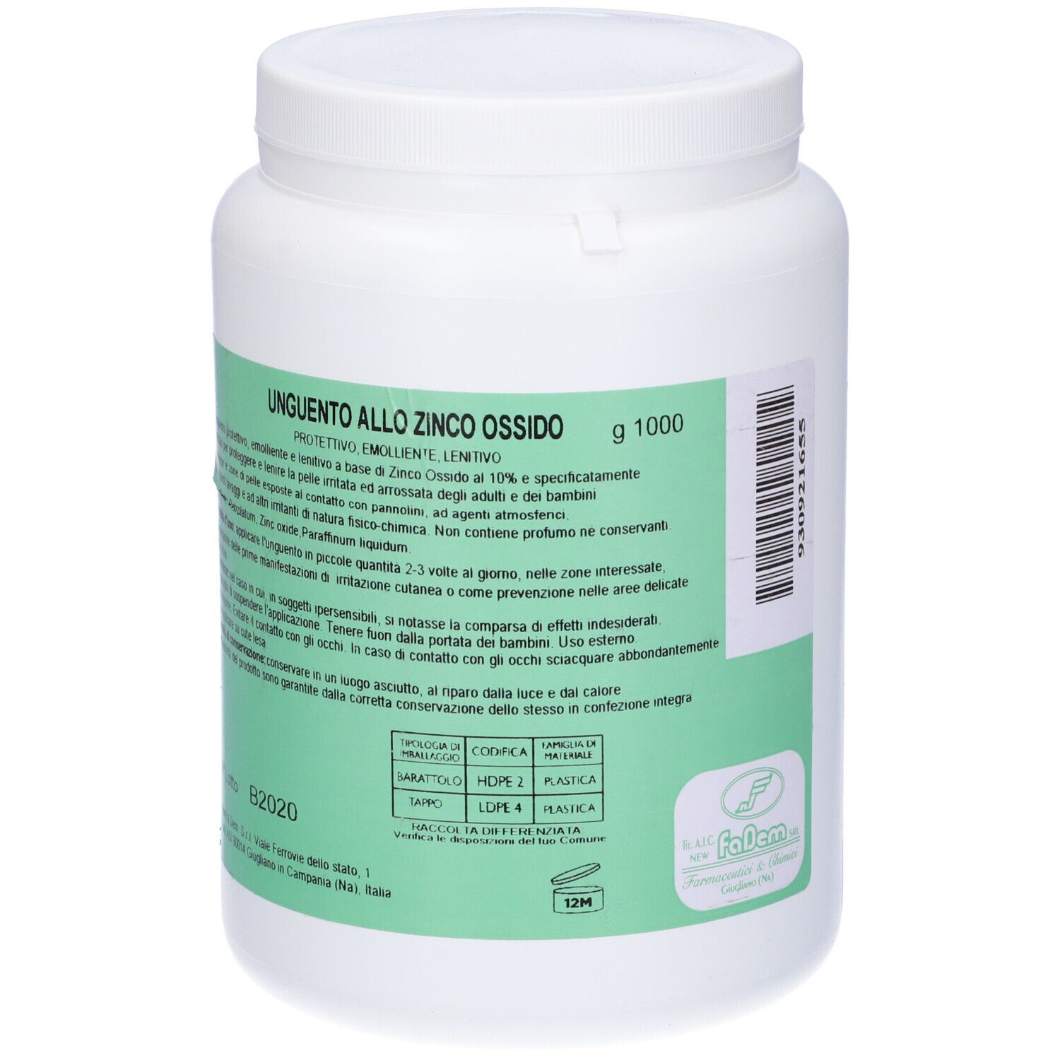 Contenitore cilindrico bianco con etichetta verde. Scritta "Unguento allo Zinco Ossido". 1000 g.