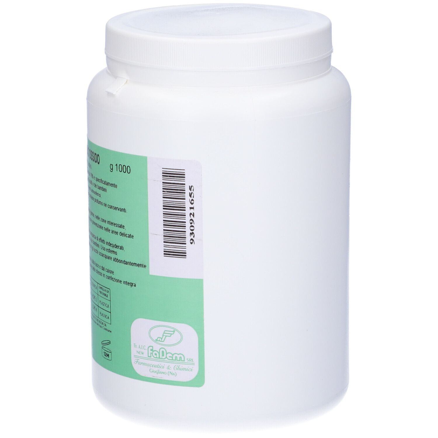 Contenitore cilindrico bianco con etichetta verde e adesivo. Scritta "Unguento allo Zinco Ossido". 1000 g.