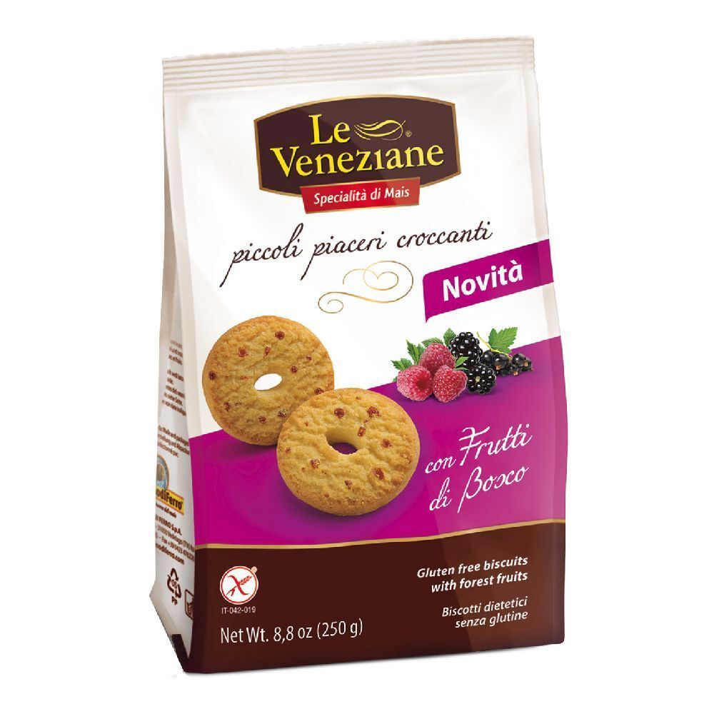 Confezione Le Veneziane Biscotti Frutti Di Bosco. Biscotti senza glutine ai frutti di bosco. 250g. Scritta: piccoli piaceri croccanti.